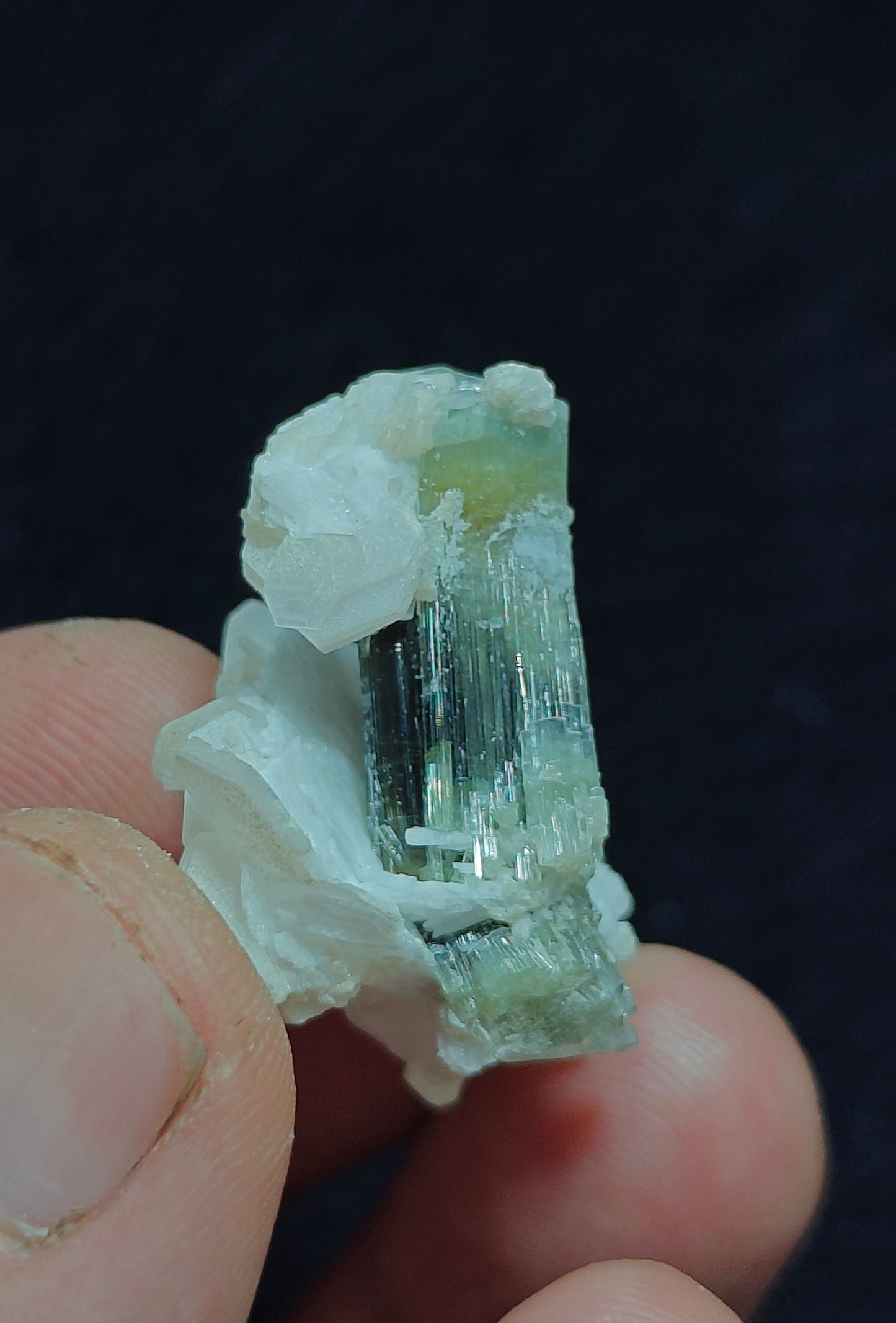 Natural dark green Tourmaline crystal and associated cleavlandite 10 grams