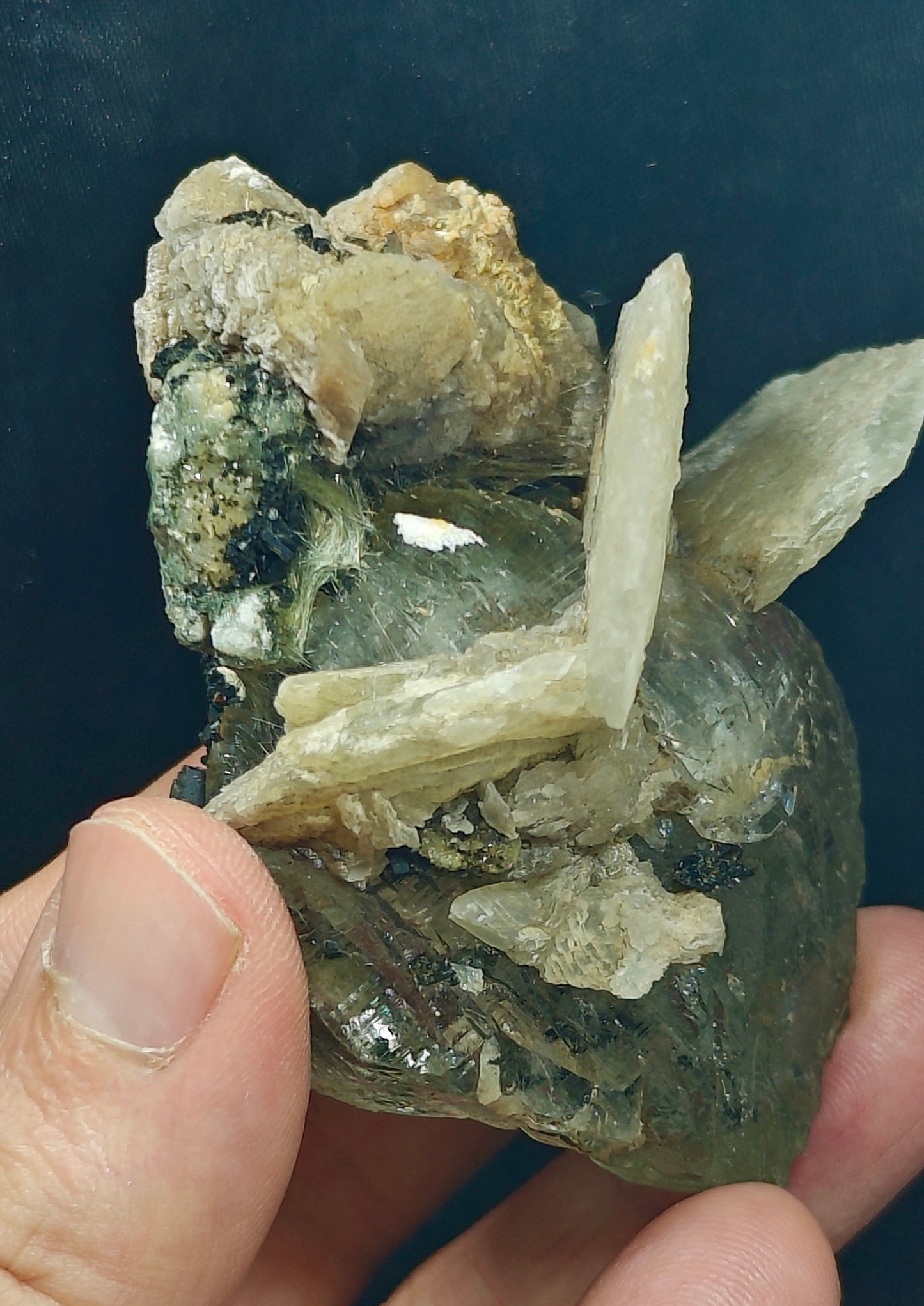 Terminated Etched Quartz crystal with calcite, Epidote and byss-olite 149 grams