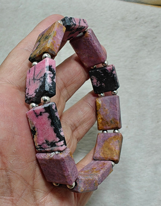 Natural rhodonite bracelet, elastic stretch fit. 9 inch length