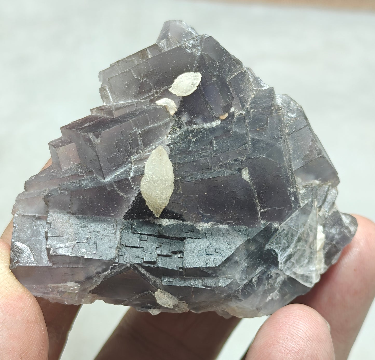 An amazing Single beautiful specimen of grey/purple fluorite with calcite crystals 150 grams