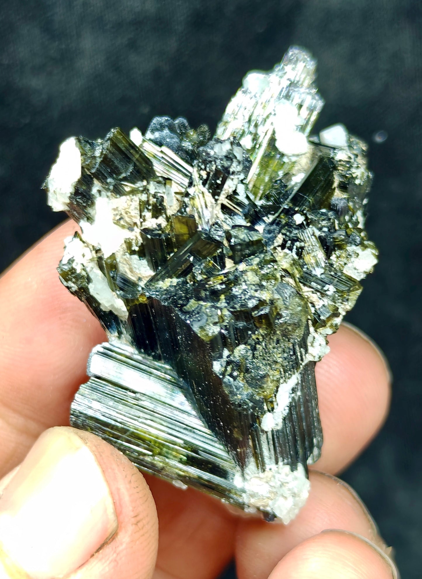 Dark green color Tourmaline crystals cluster with chatoyance effect 34 grams