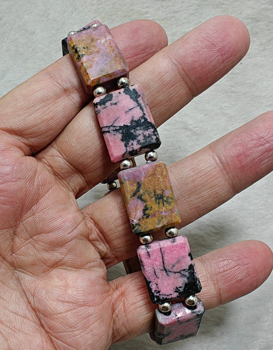 Natural rhodonite bracelet, elastic stretch fit. 9 inch length
