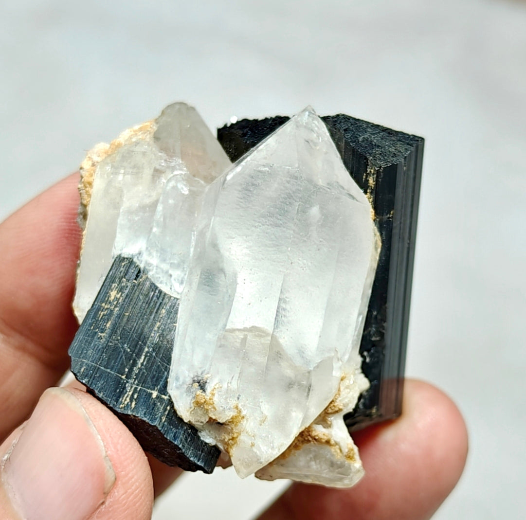 An Aesthetic Natural black Tourmaline crystal with terminated quartz crystals 85 grams