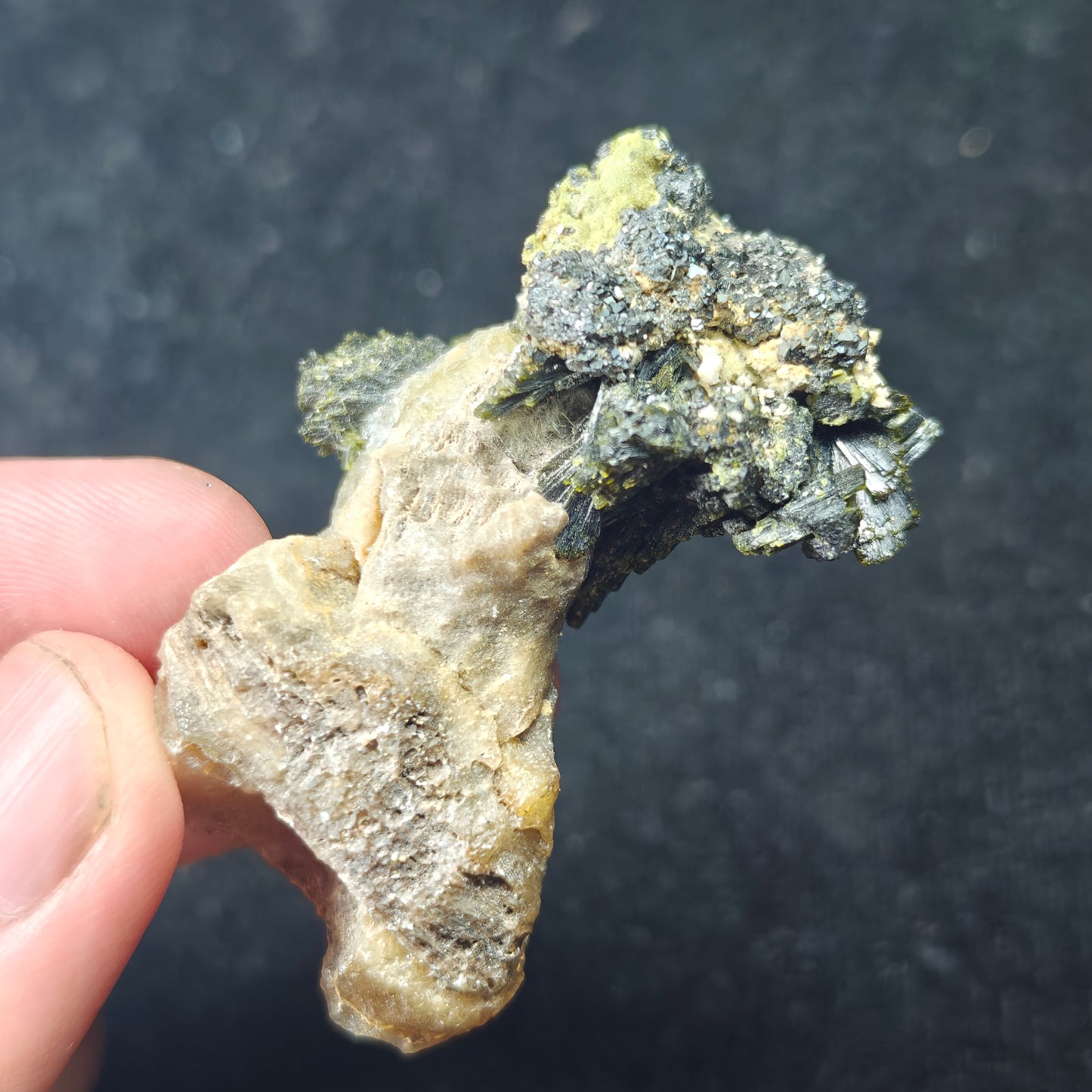 Natural epidote cluster on matrix of calcite 36 grams