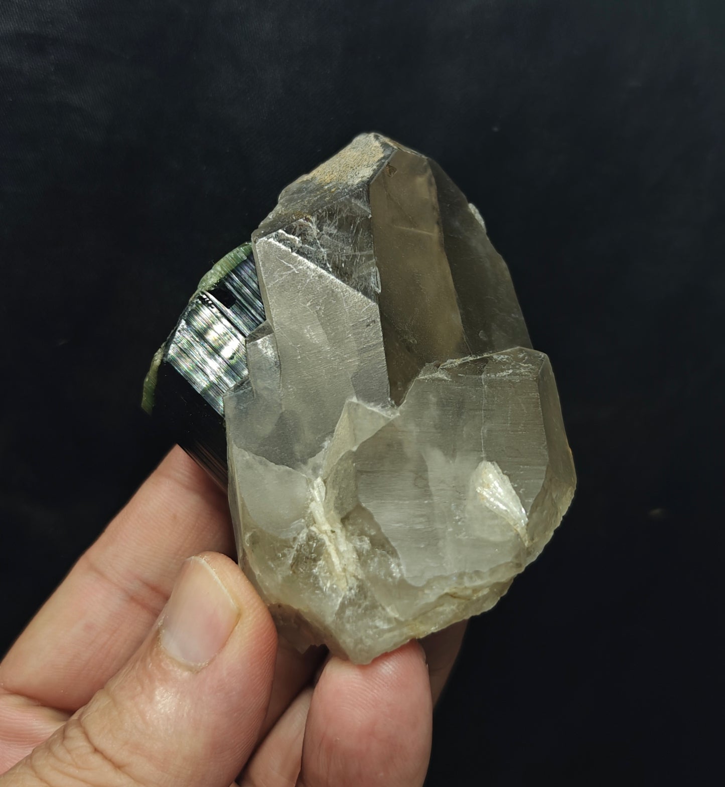 Natural greencap black/green Tourmaline crystal with smoky quartz 212 grams