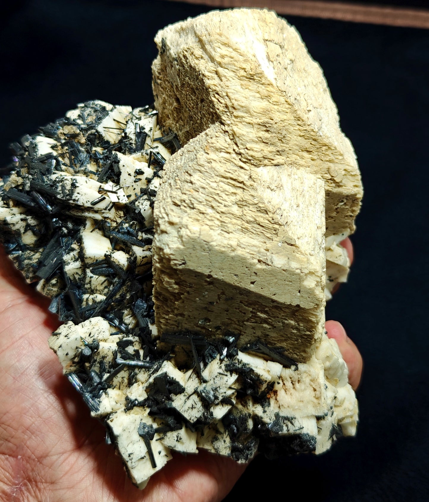 Etched feldspar with Black Tourmaline Crystal Cluster 880 grams