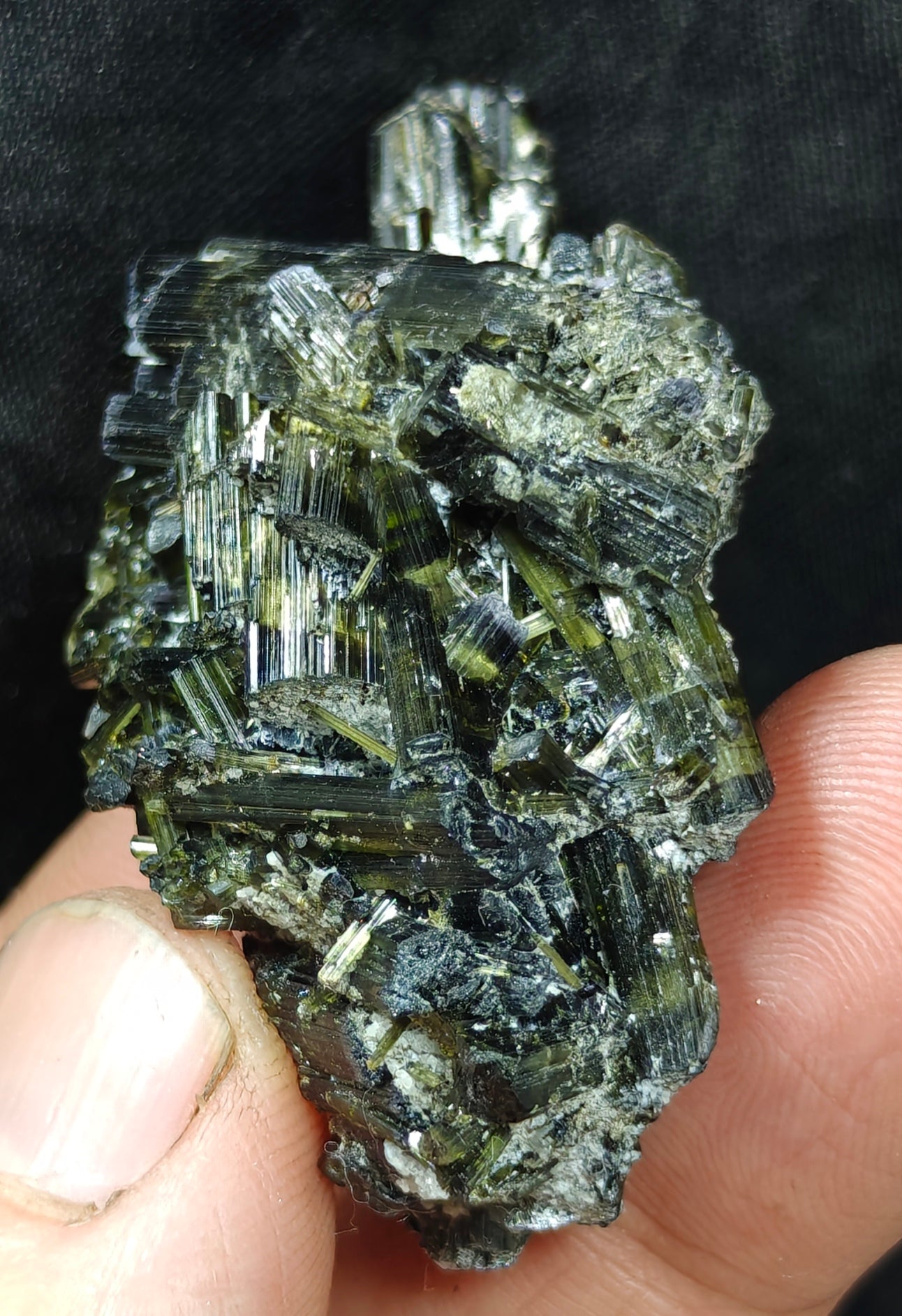 Dark green color Tourmaline crystals with chatoyance effect 35 grams