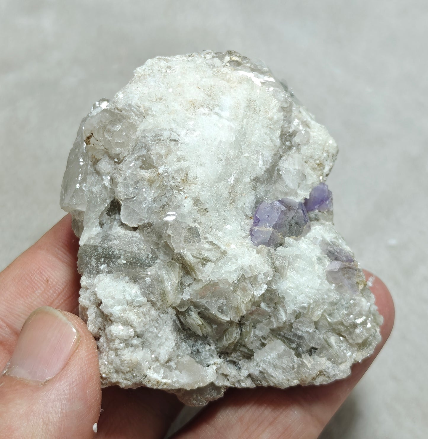 purple Apatite crystals on matrix with quartz and mica 127 grams