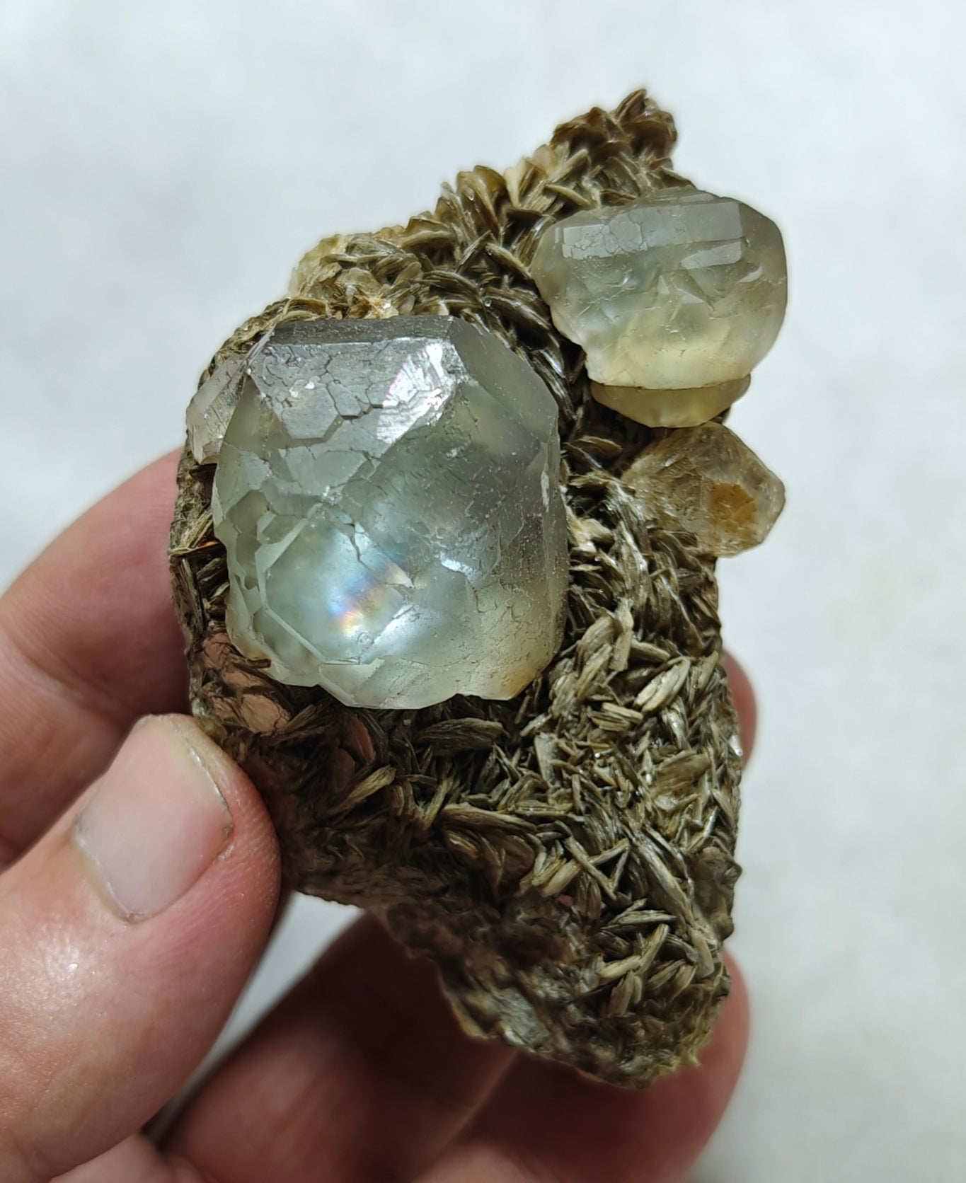 Double terminated Fluorite crystals on matrix with muscovite and goshenite 183 grams