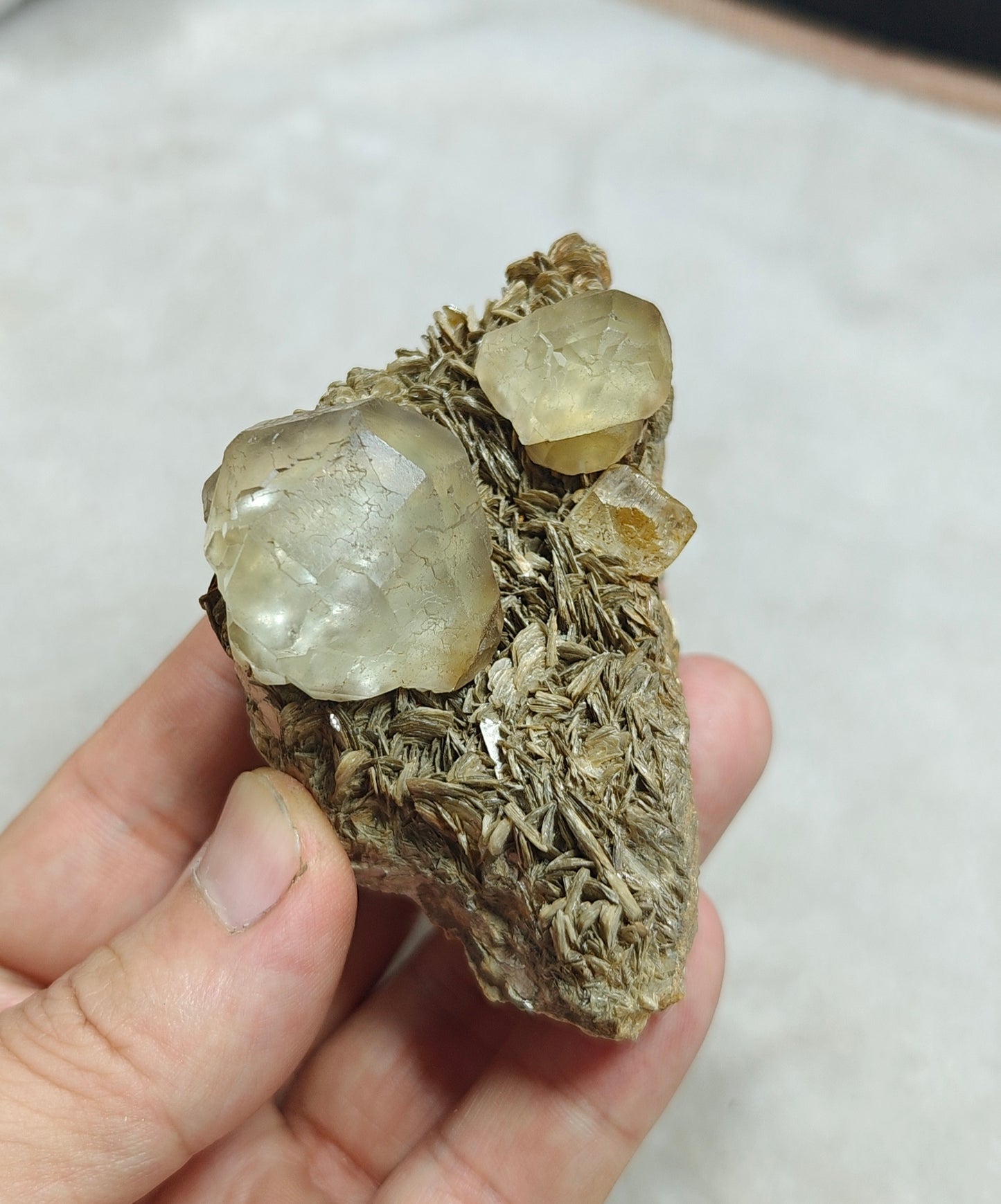 Double terminated Fluorite crystals on matrix with muscovite and goshenite 183 grams