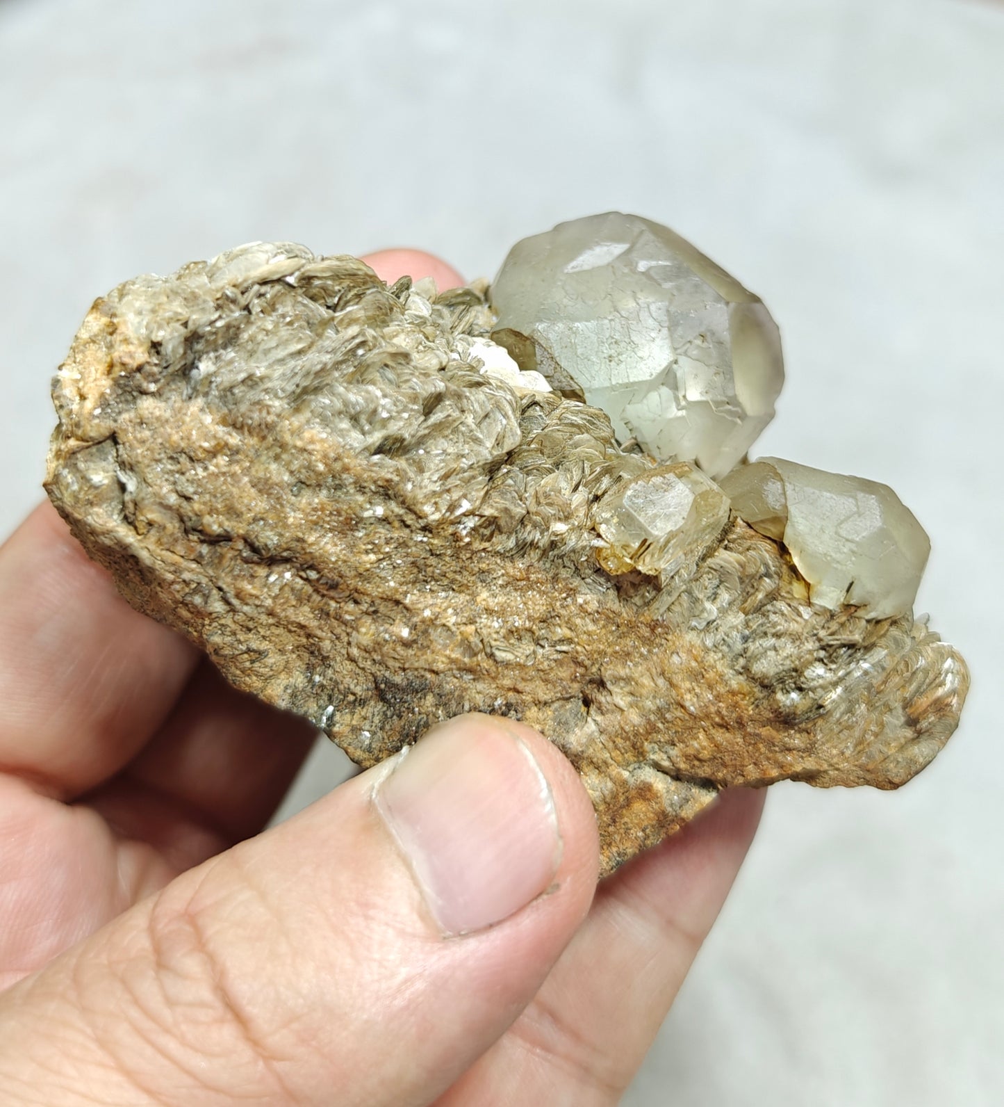 Double terminated Fluorite crystals on matrix with muscovite and goshenite 183 grams