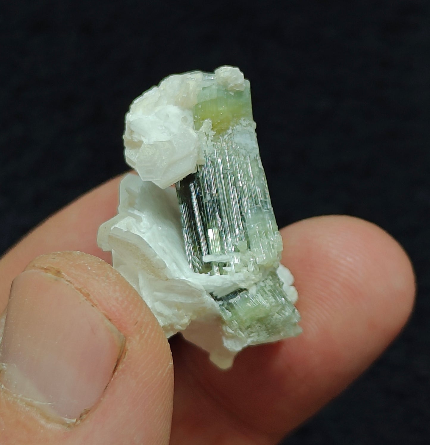 Natural dark green Tourmaline crystal and associated cleavlandite 10 grams