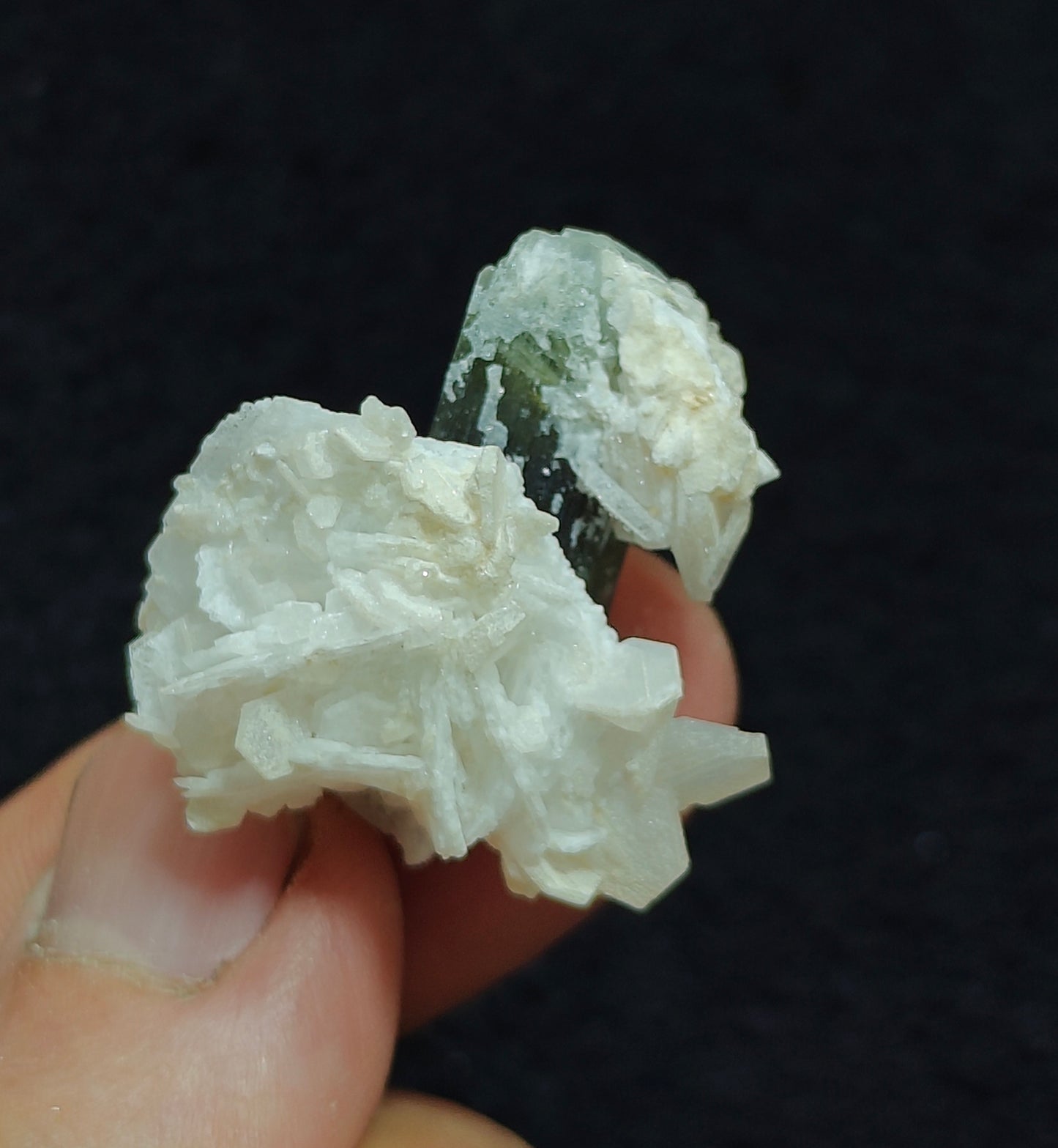 Natural dark green Tourmaline crystal and associated cleavlandite 10 grams