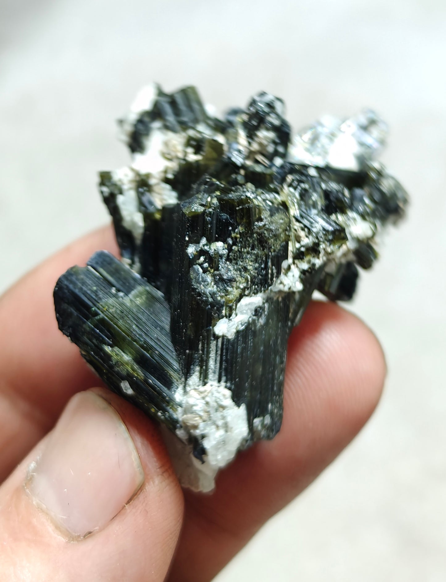 Dark green color Tourmaline crystals cluster with chatoyance effect 34 grams