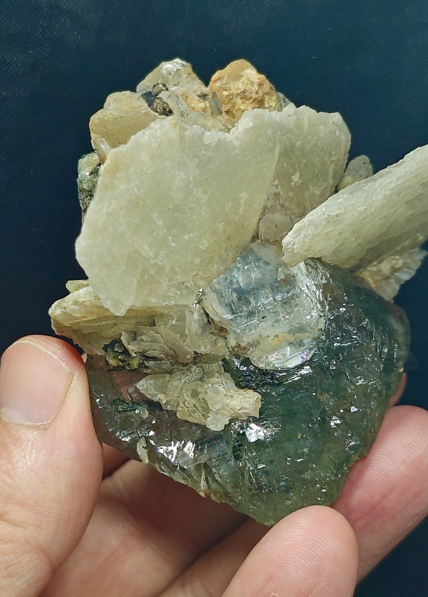 Terminated Etched Quartz crystal with calcite, Epidote and byss-olite 149 grams