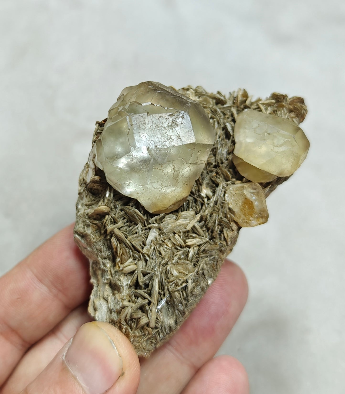 Double terminated Fluorite crystals on matrix with muscovite and goshenite 183 grams
