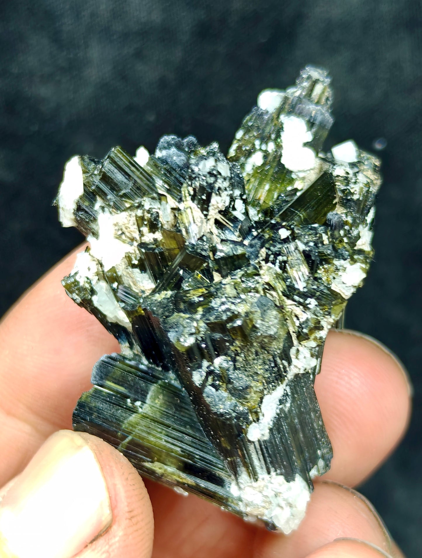 Dark green color Tourmaline crystals cluster with chatoyance effect 34 grams