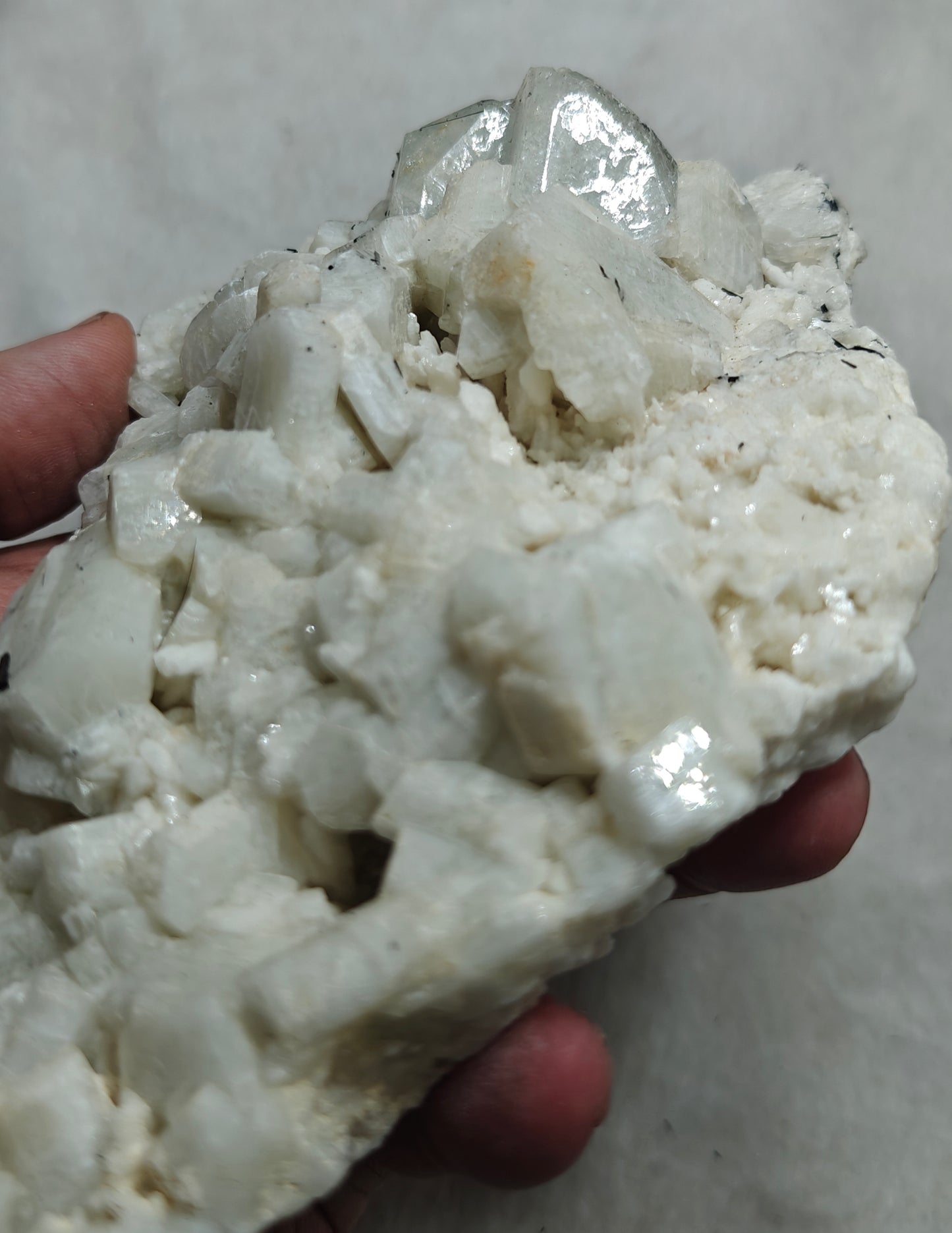 Afghanistan Aquamarine crystal specimen on matrix with feldspar and tourmalines 812 grams