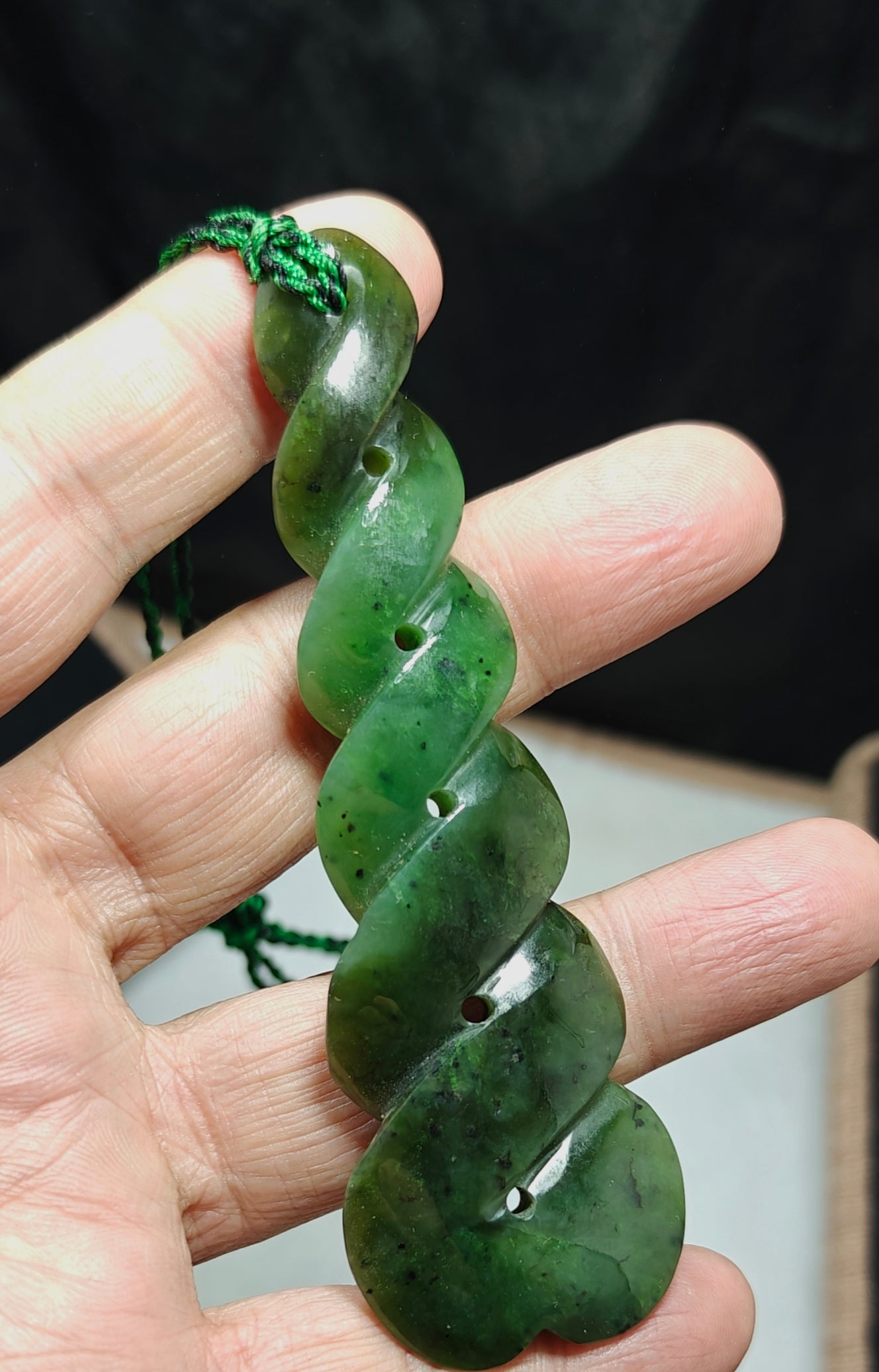 Hand carved infinity shape nephrite Jade pendant 10cm long