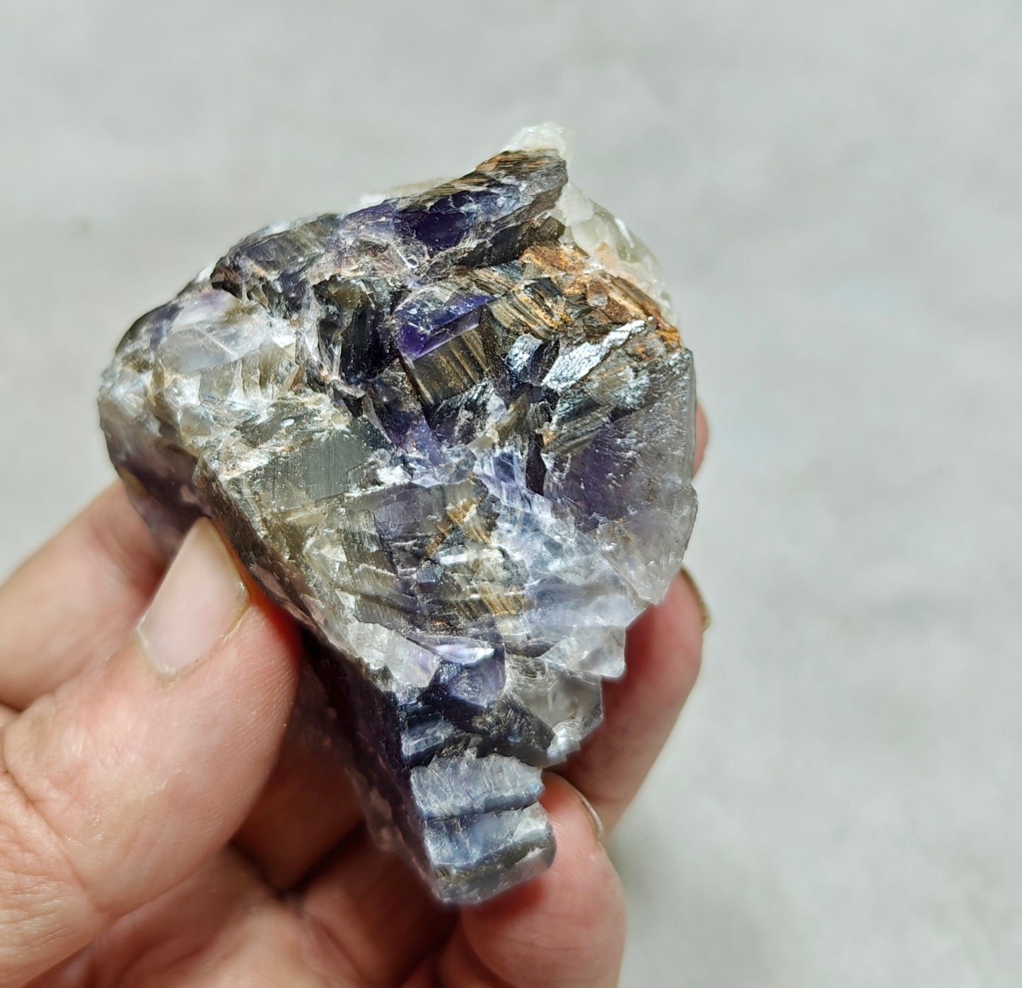 An amazing Single beautiful specimen of grey fluorite with calcite crystals 165 grams