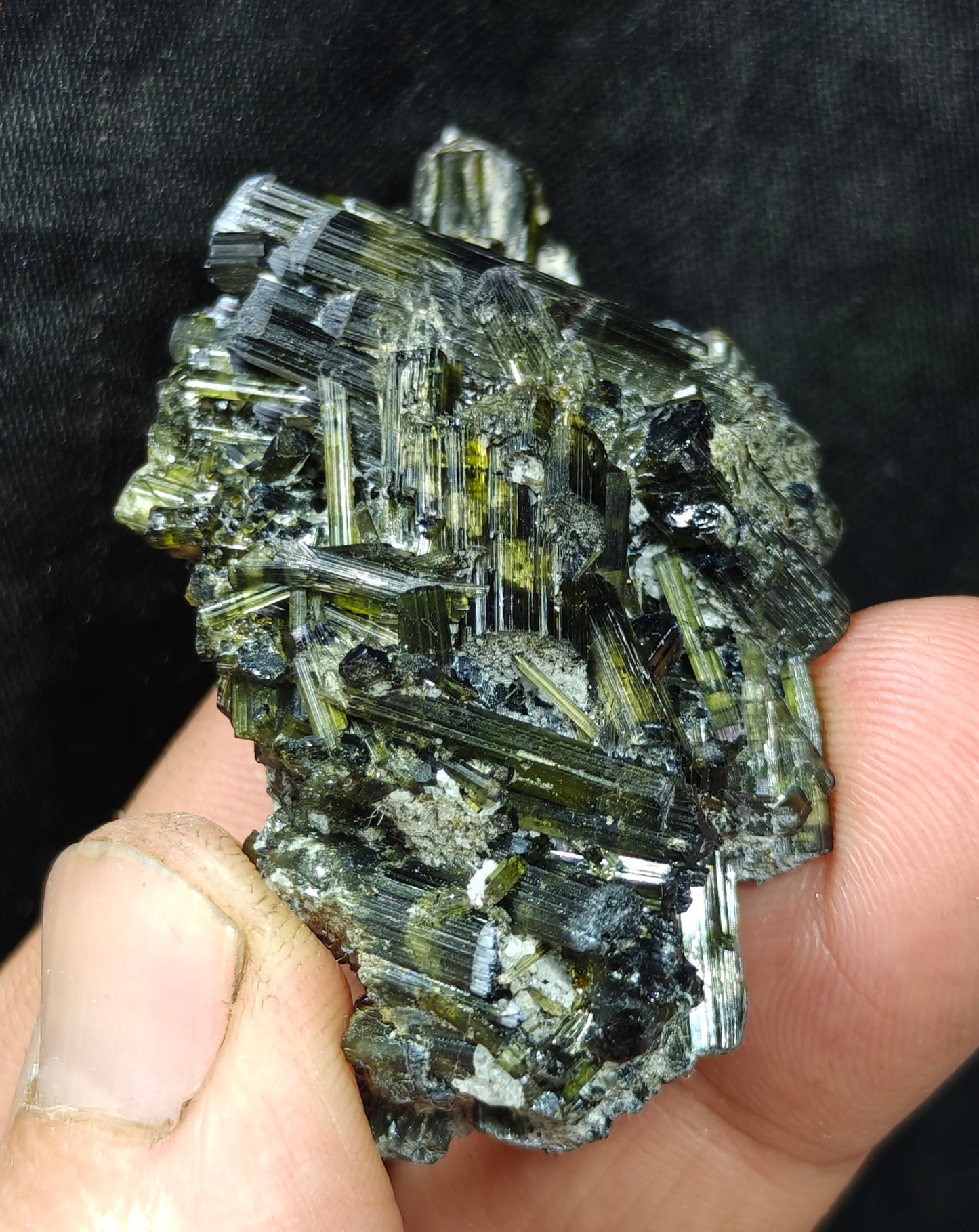Dark green color Tourmaline crystals with chatoyance effect 35 grams