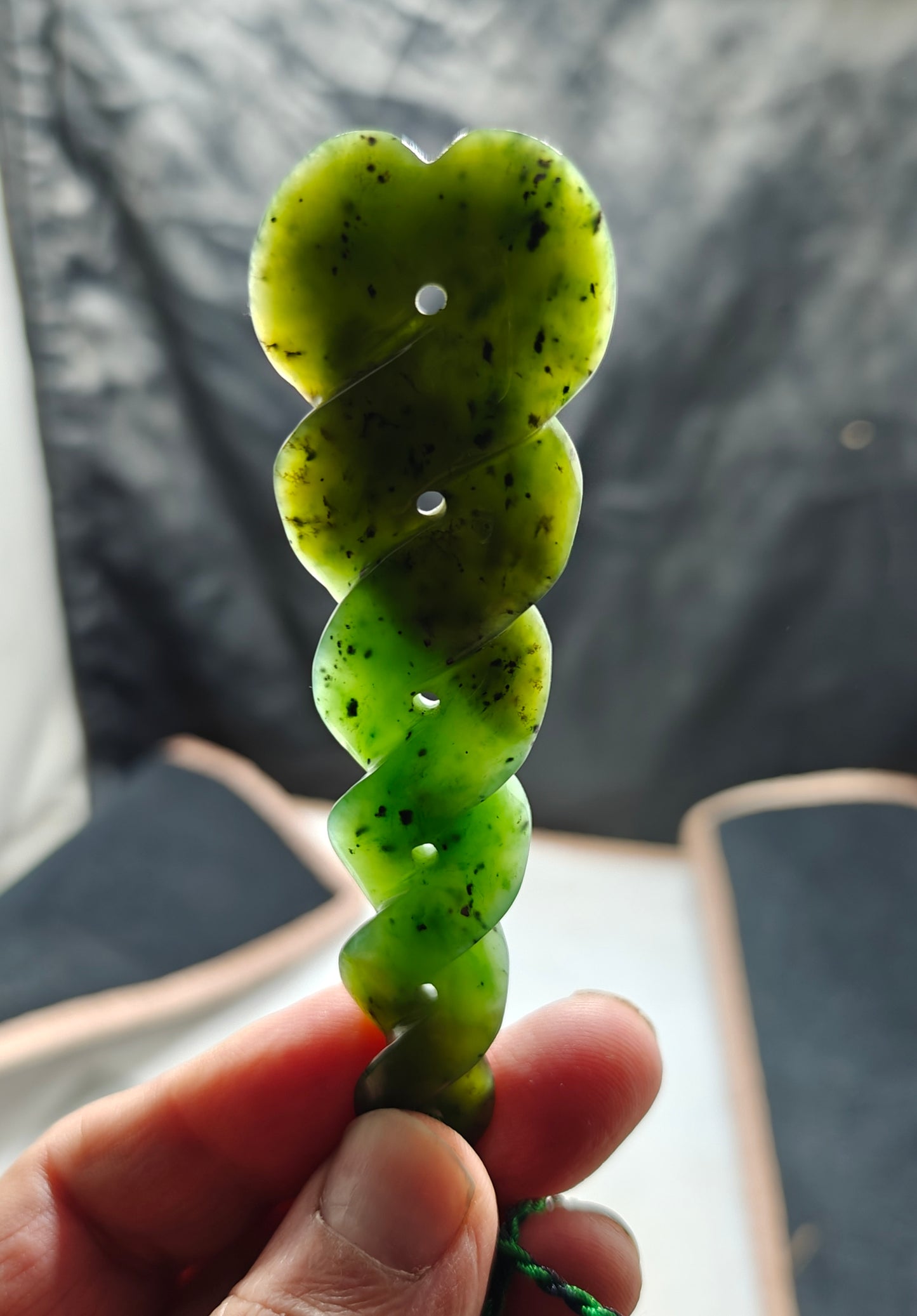 Hand carved infinity shape nephrite Jade pendant 10cm long