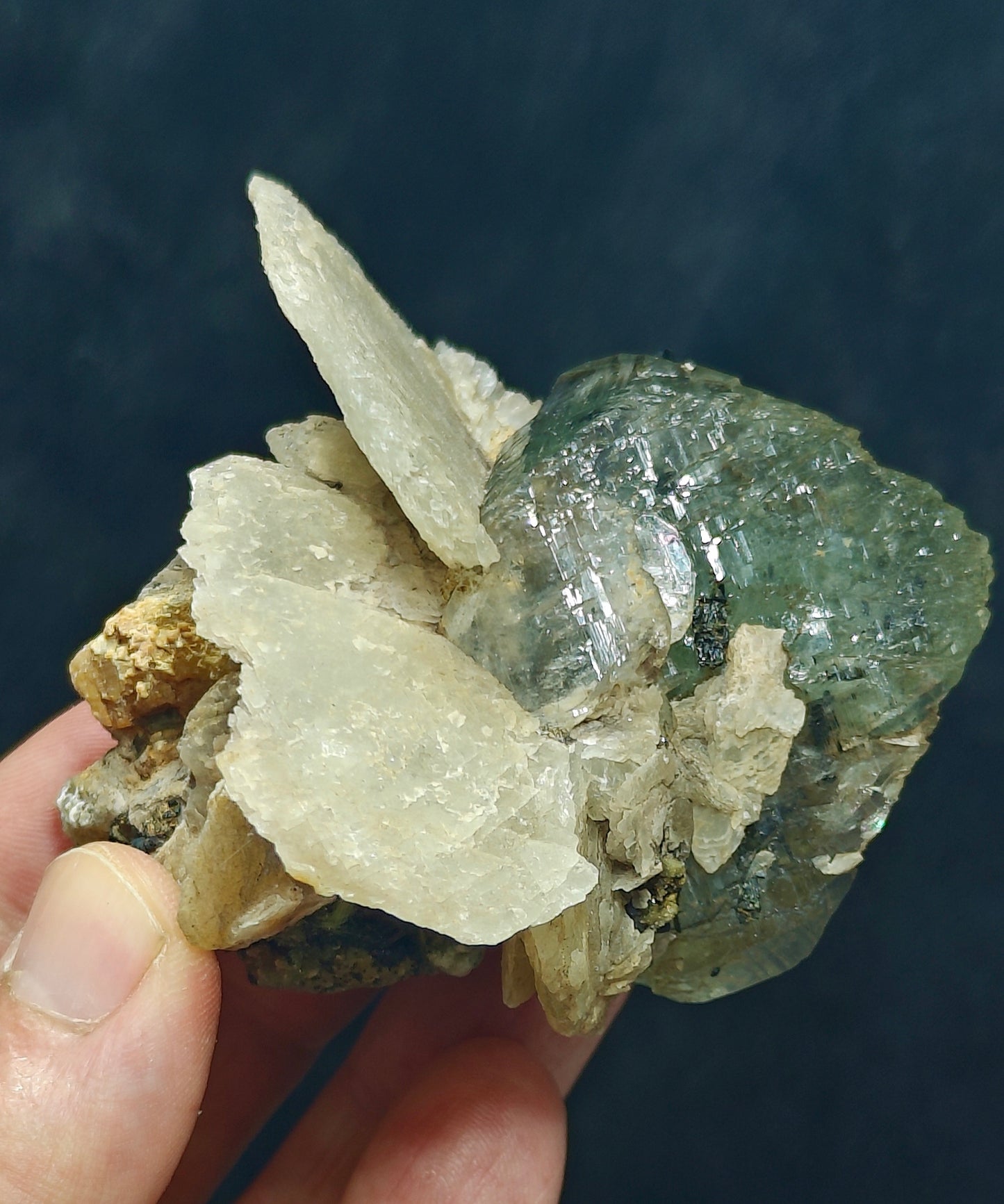Terminated Etched Quartz crystal with calcite, Epidote and byss-olite 149 grams