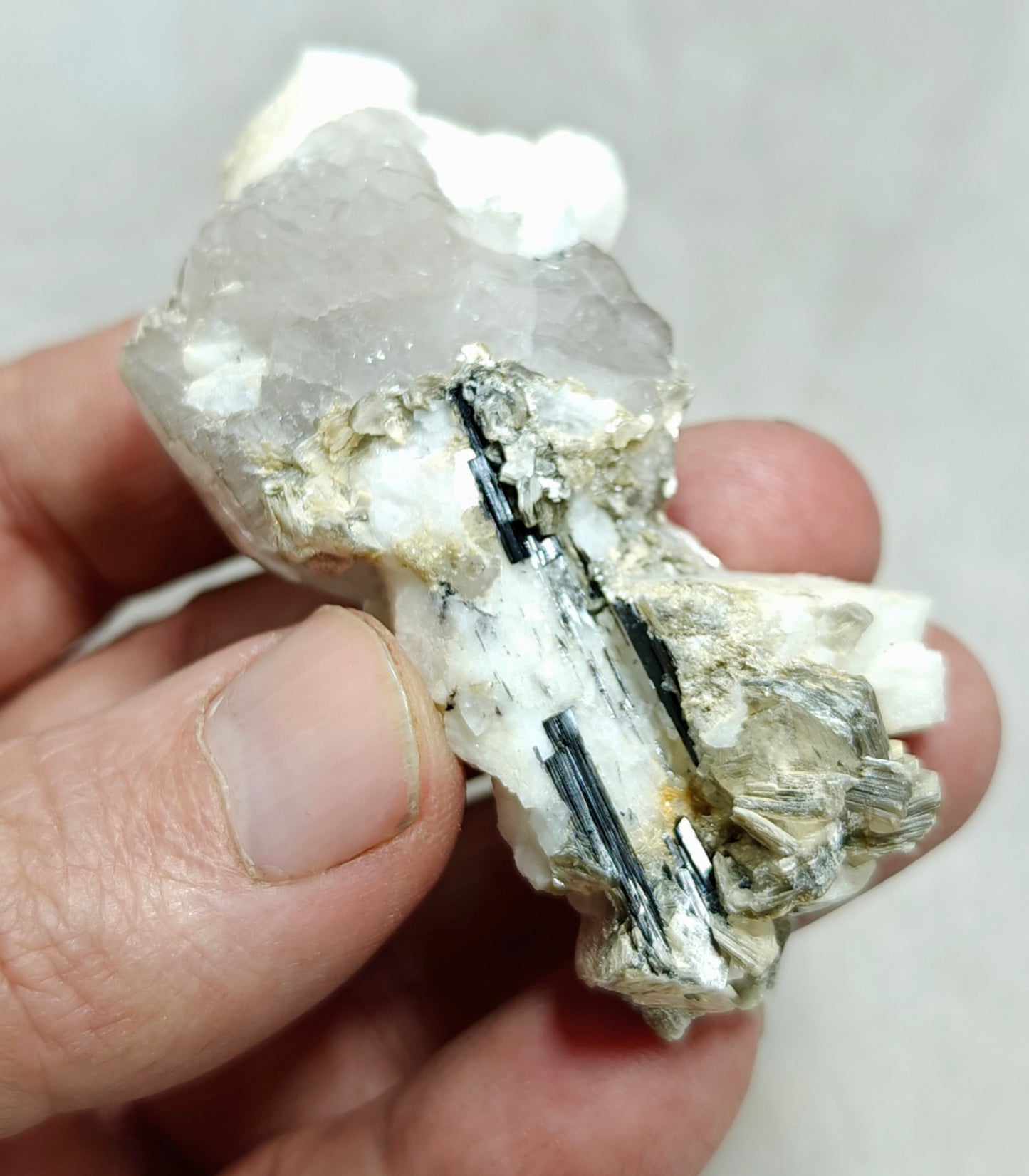 An Aesthetic Natural specimen of combination of Albite, etched Schorl, Quartz and Muscovite 51 grams