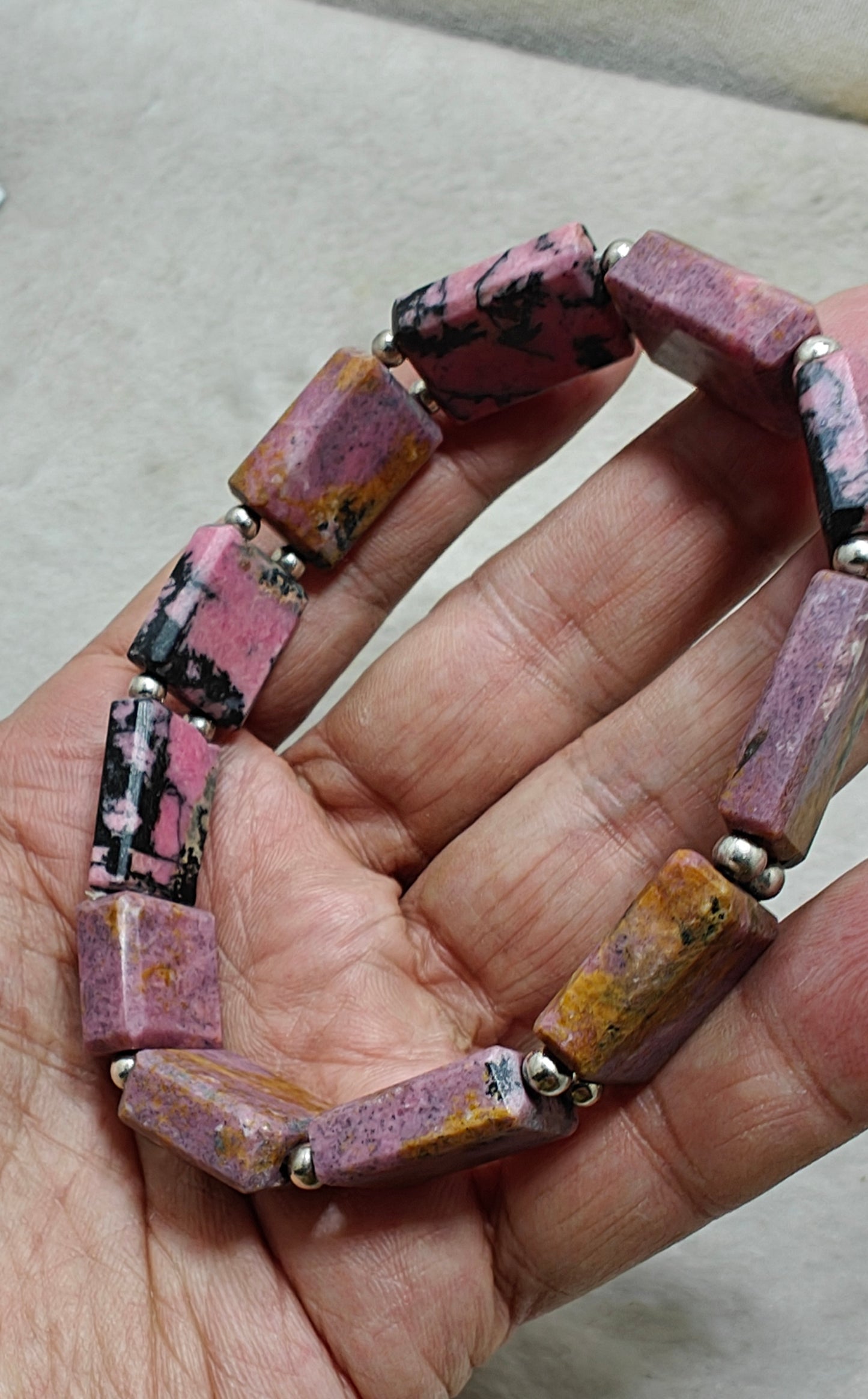 Natural rhodonite bracelet, elastic stretch fit. 9 inch length