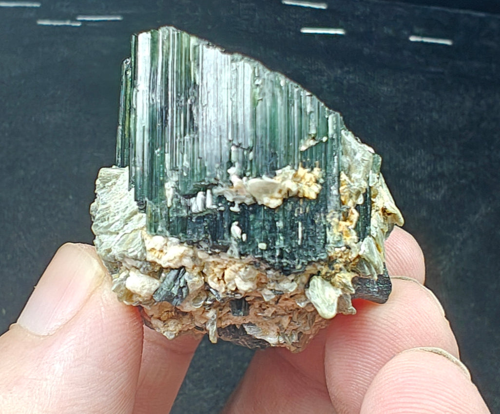 Natural Dark green color Tourmaline crystal having chatoyance effect amazing lustre 104 grams