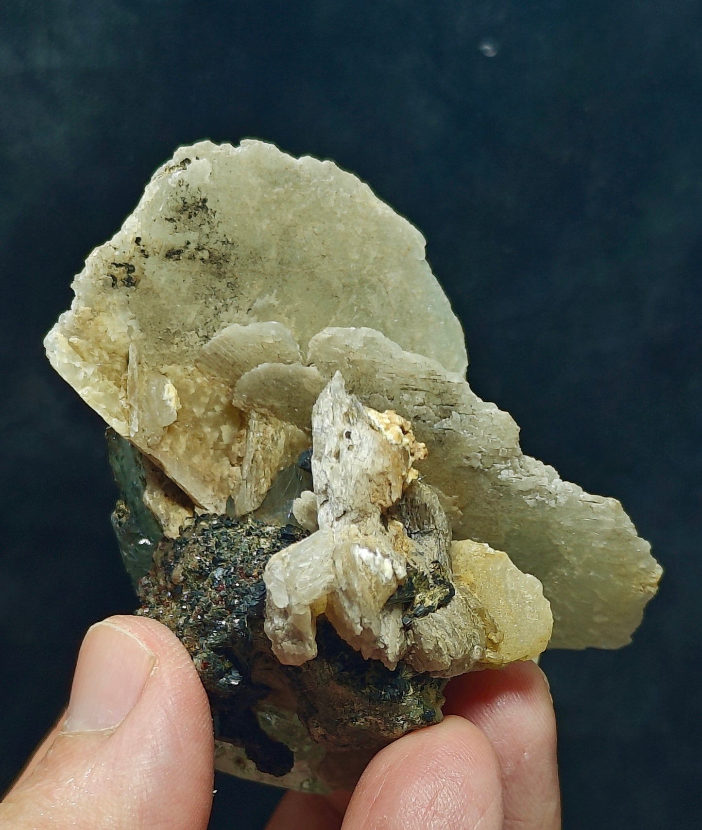 Terminated Etched Quartz crystal with calcite, Epidote and byss-olite 149 grams