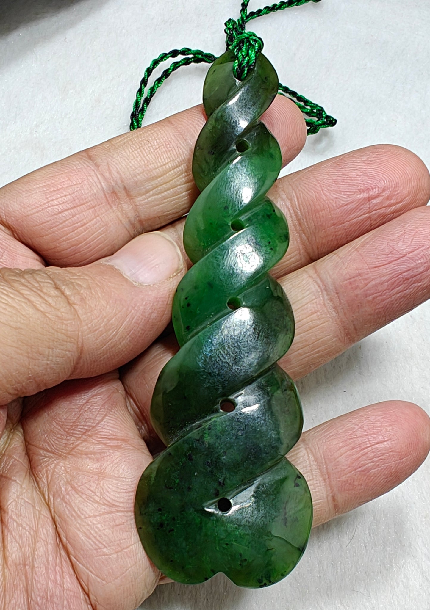 Hand carved infinity shape nephrite Jade pendant 10cm long