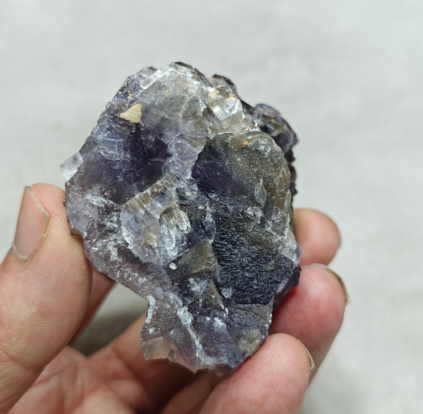 An amazing Single beautiful specimen of grey fluorite with calcite crystals 165 grams