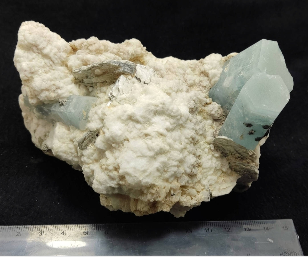 Aesthetic specimen of Aquamarine Crystals with associated tantalite on matrix of Albite, mica and some Schorl 1026 grams