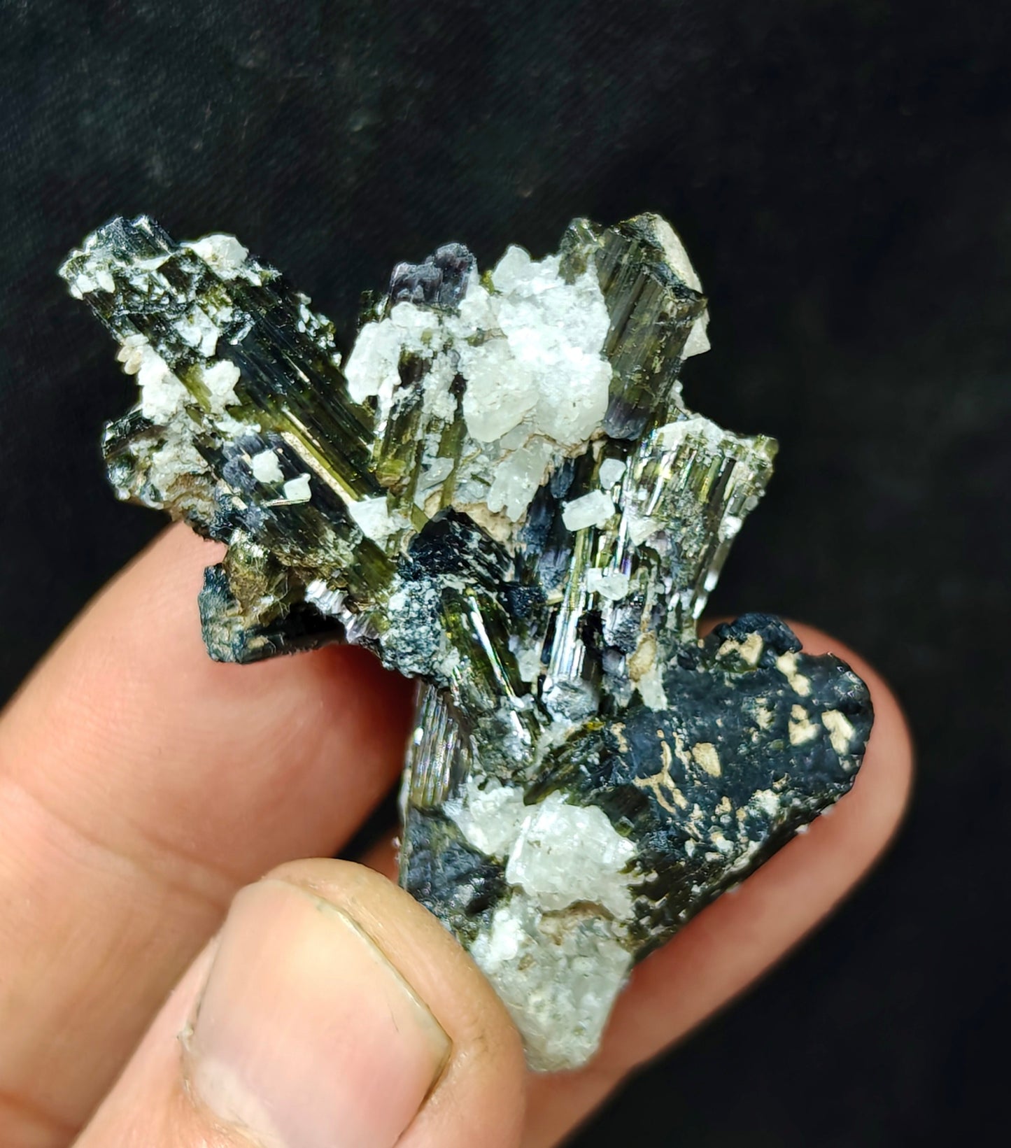 Dark green color Tourmaline crystals cluster with chatoyance effect 34 grams
