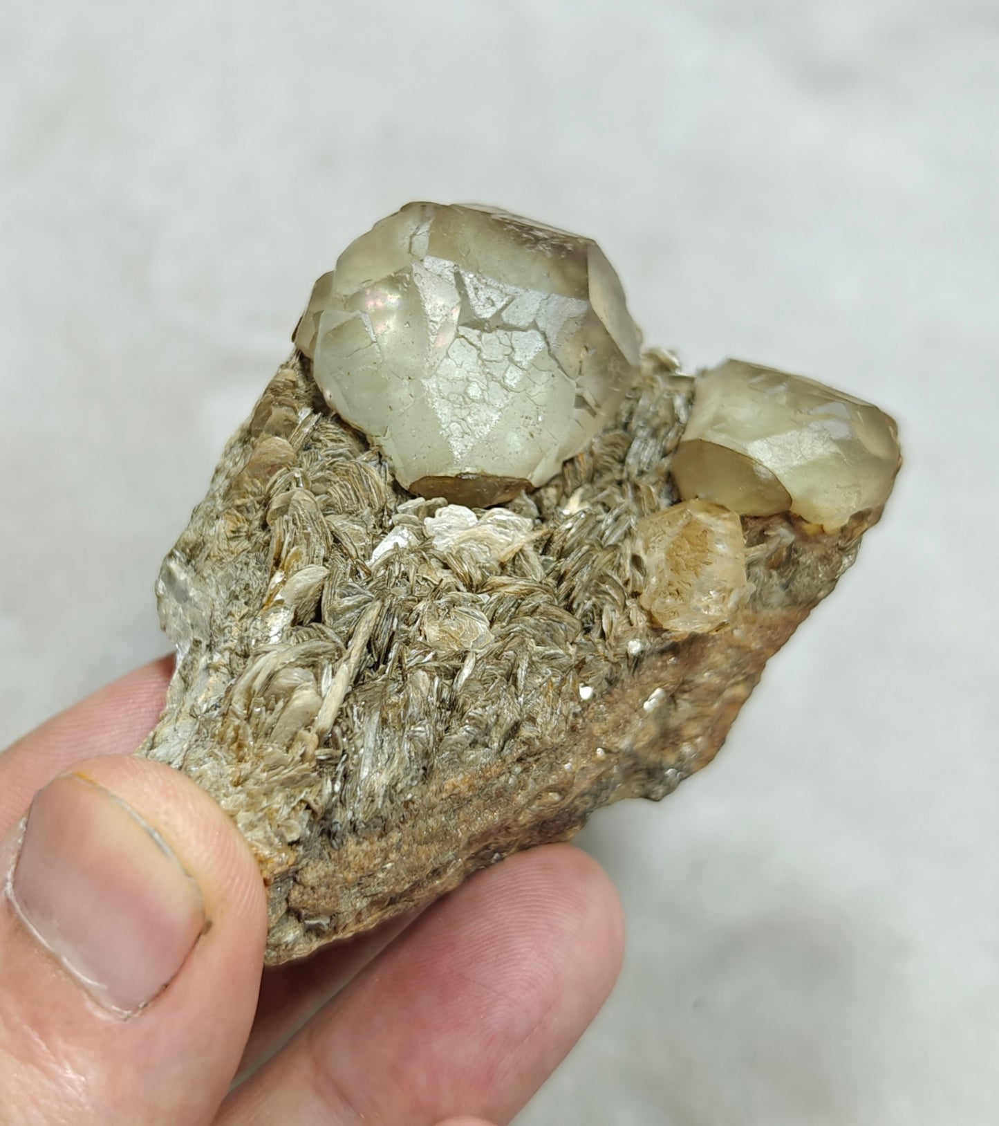 Double terminated Fluorite crystals on matrix with muscovite and goshenite 183 grams