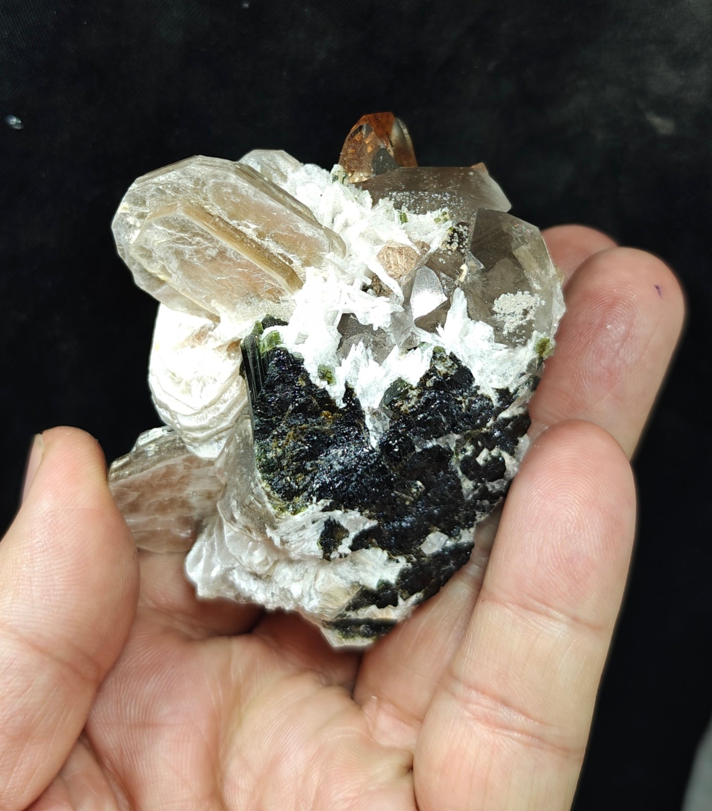peach color Topaz crystals with quartz and tourmaline 210 grams
