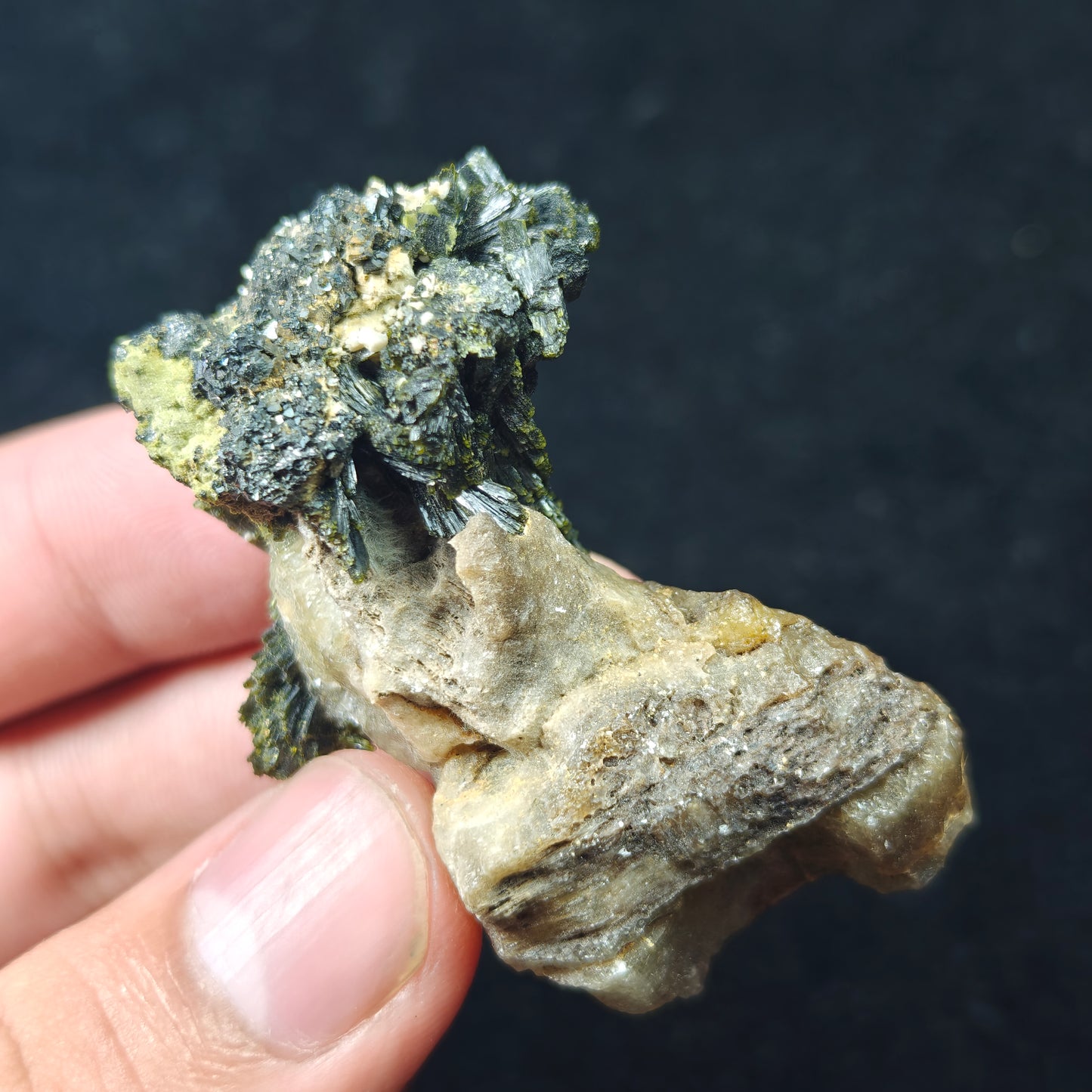 Natural epidote cluster on matrix of calcite 36 grams