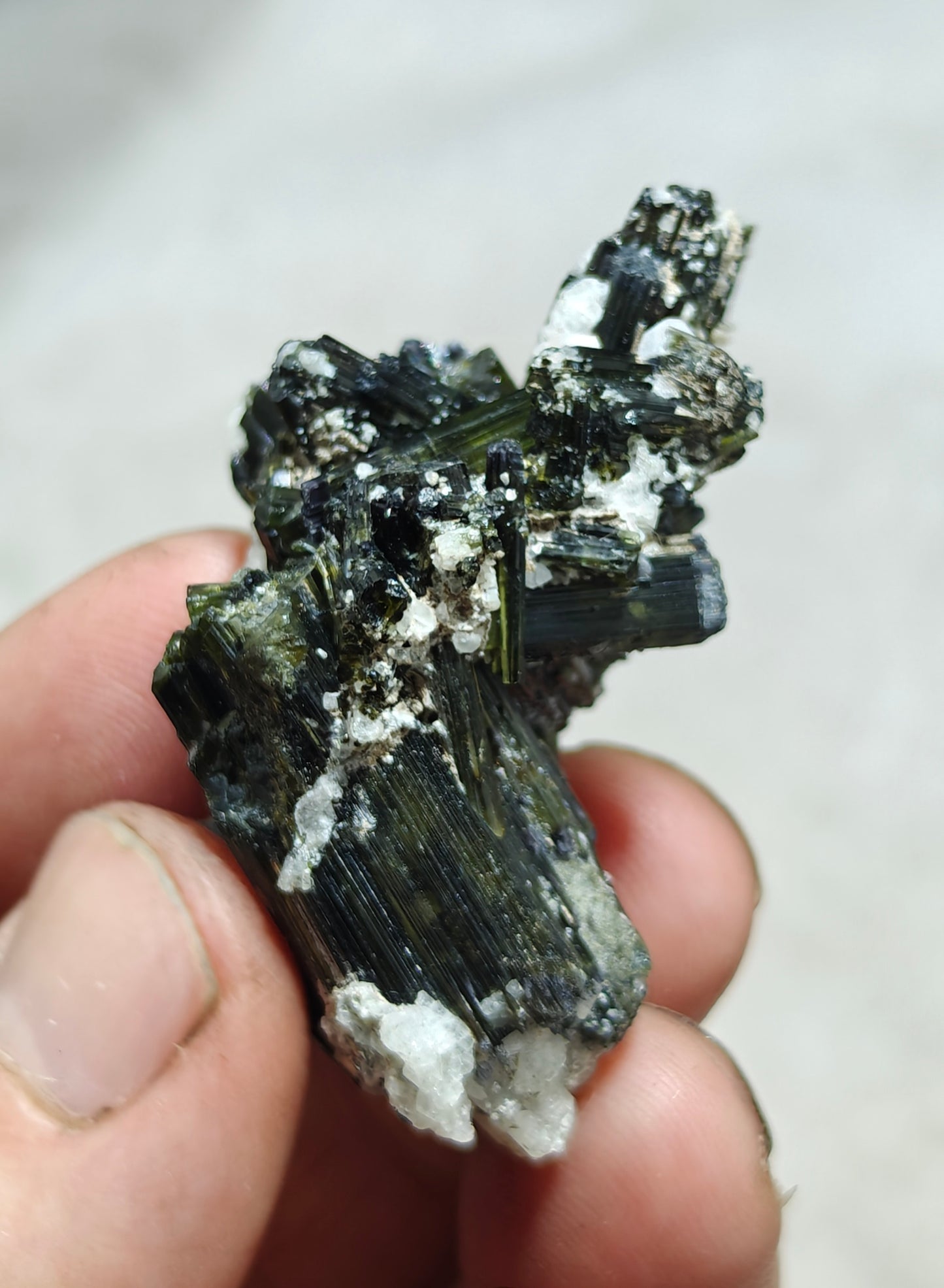 Dark green color Tourmaline crystals cluster with chatoyance effect 34 grams