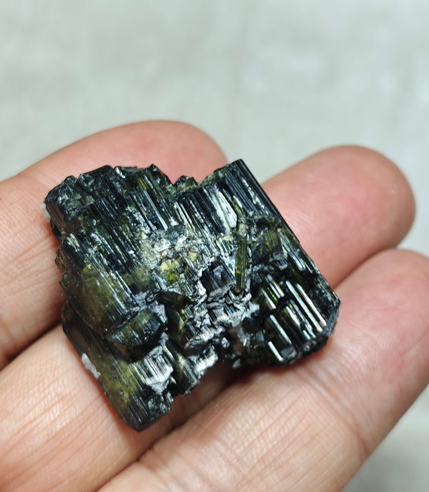 Dark green color Tourmaline crystals cluster with chatoyance effect amazing lustre 27 grams
