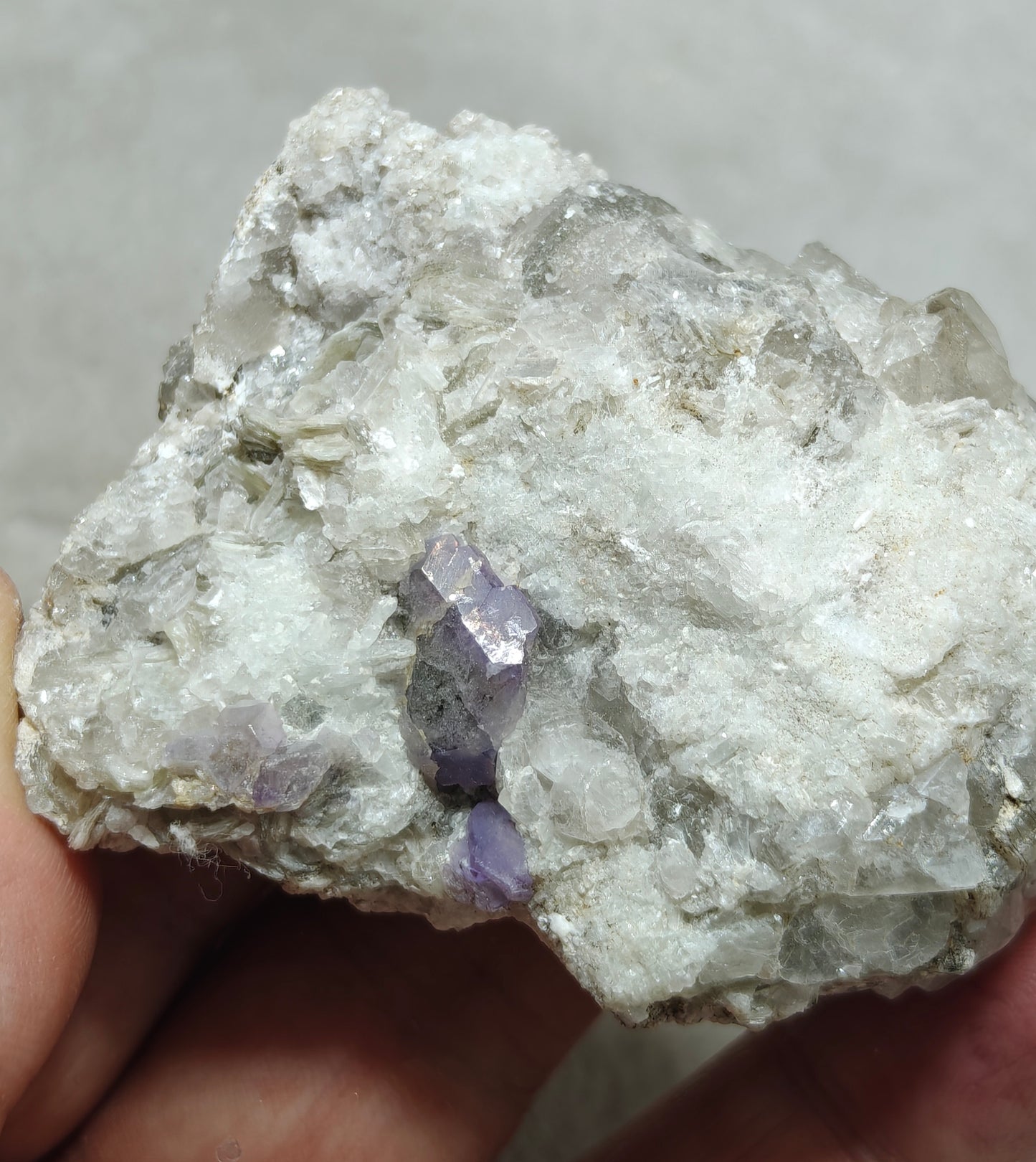 purple Apatite crystals on matrix with quartz and mica 127 grams