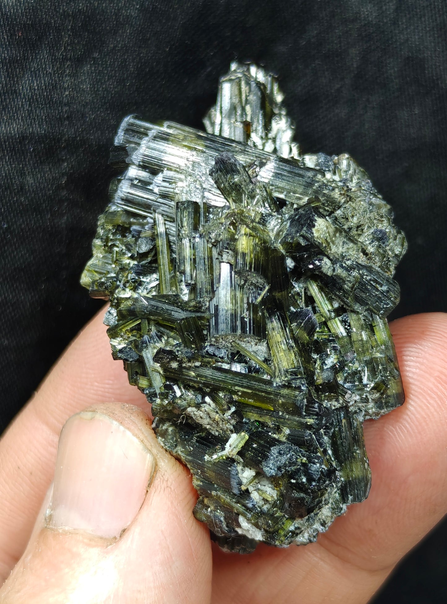 Dark green color Tourmaline crystals with chatoyance effect 35 grams