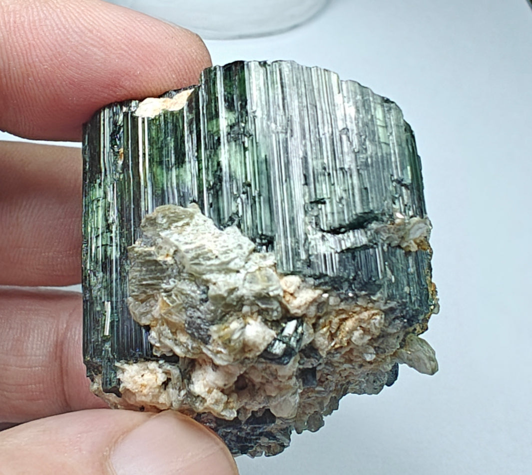 Natural Dark green color Tourmaline crystal having chatoyance effect amazing lustre 104 grams