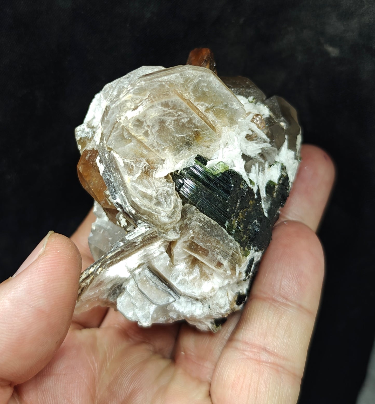 peach color Topaz crystals with quartz and tourmaline 210 grams
