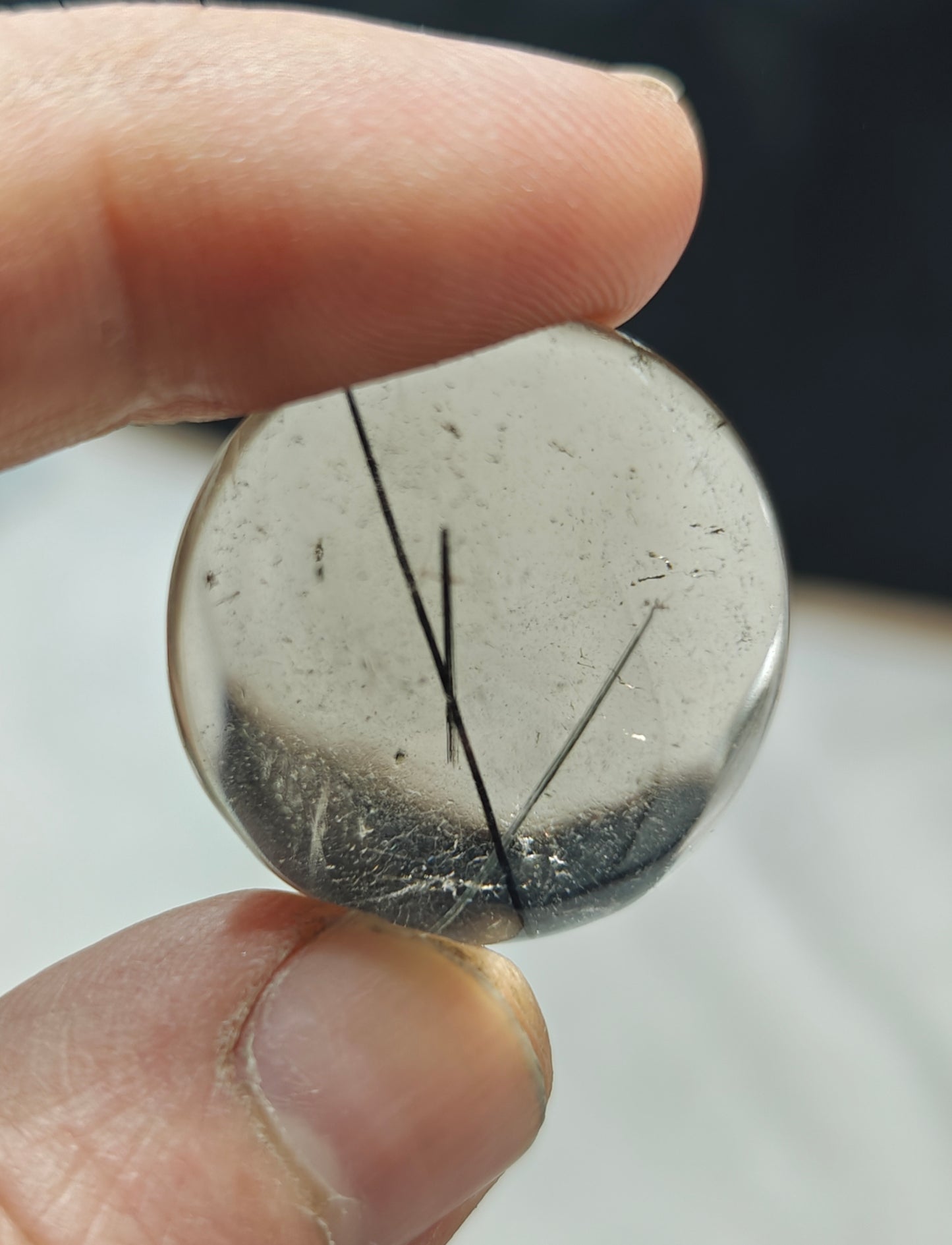 Tourmaline included smoky Quartz cabochon 64 carats