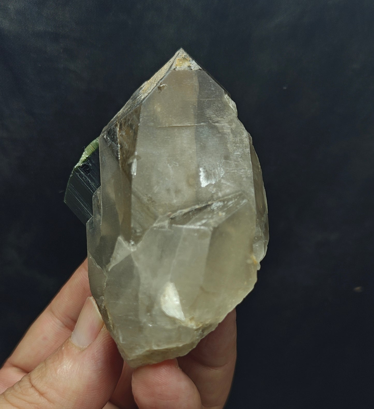 Natural greencap black/green Tourmaline crystal with smoky quartz 212 grams