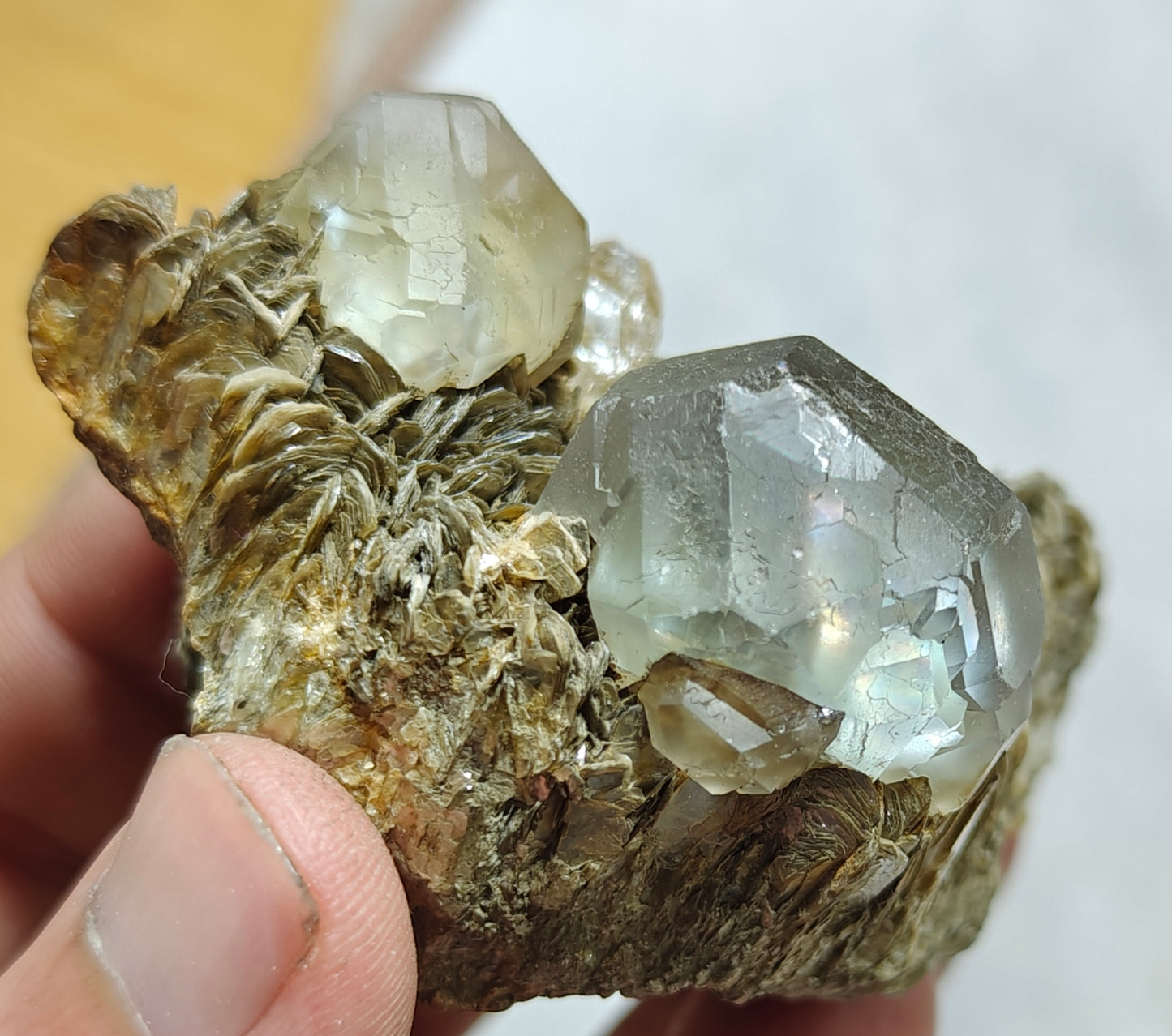 Double terminated Fluorite crystals on matrix with muscovite and goshenite 183 grams