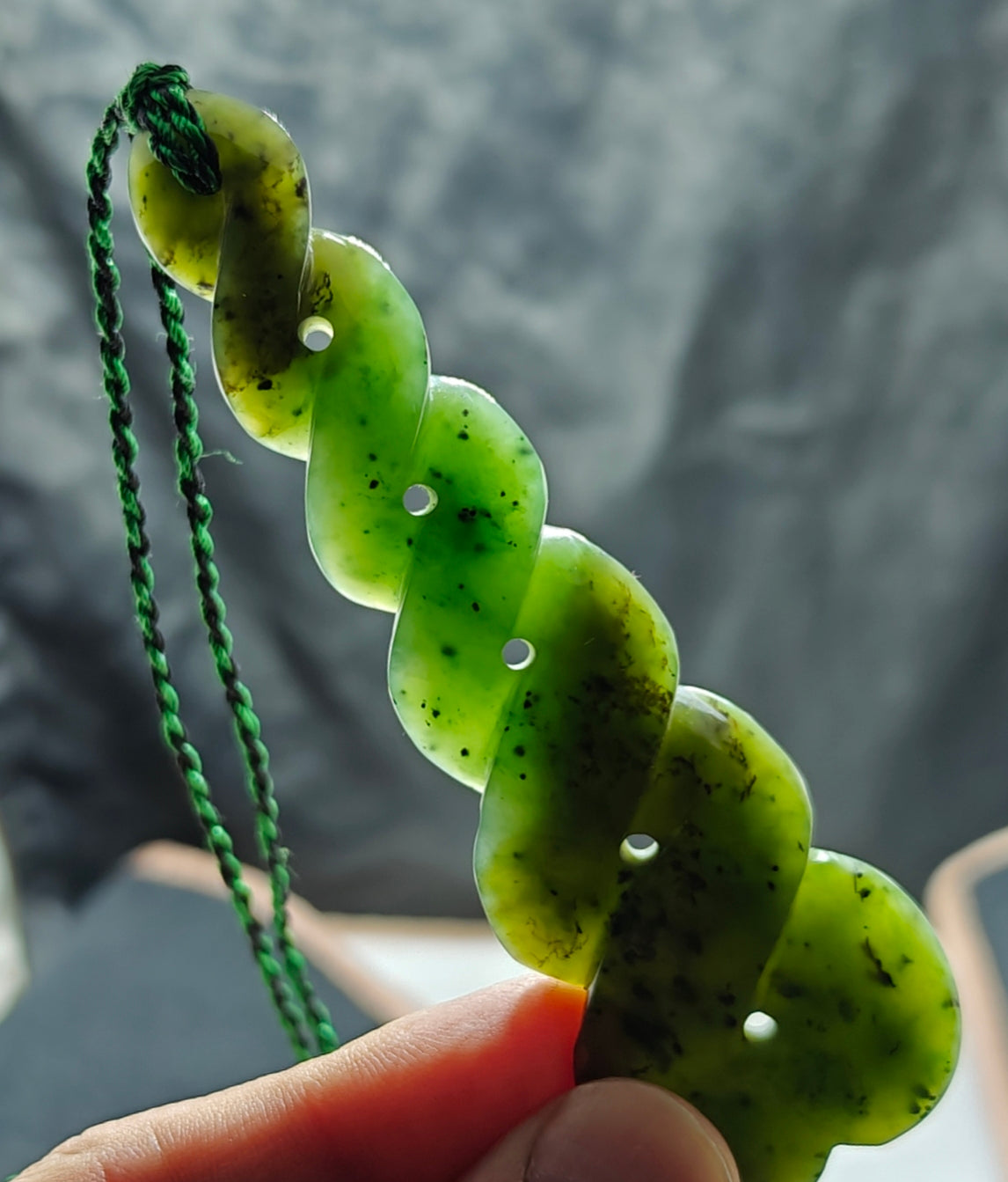 Hand carved infinity shape nephrite Jade pendant 10cm long