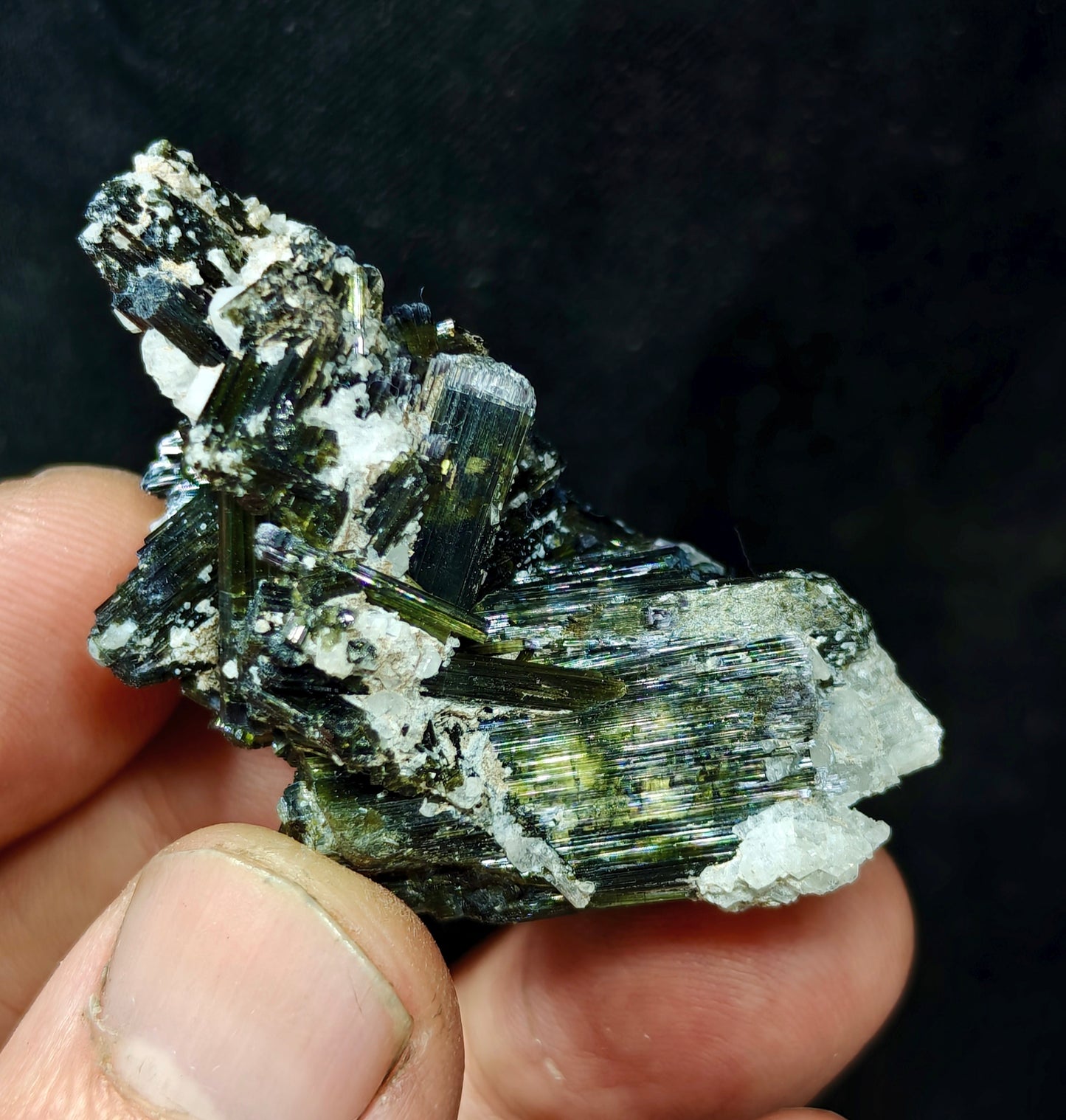 Dark green color Tourmaline crystals cluster with chatoyance effect 34 grams