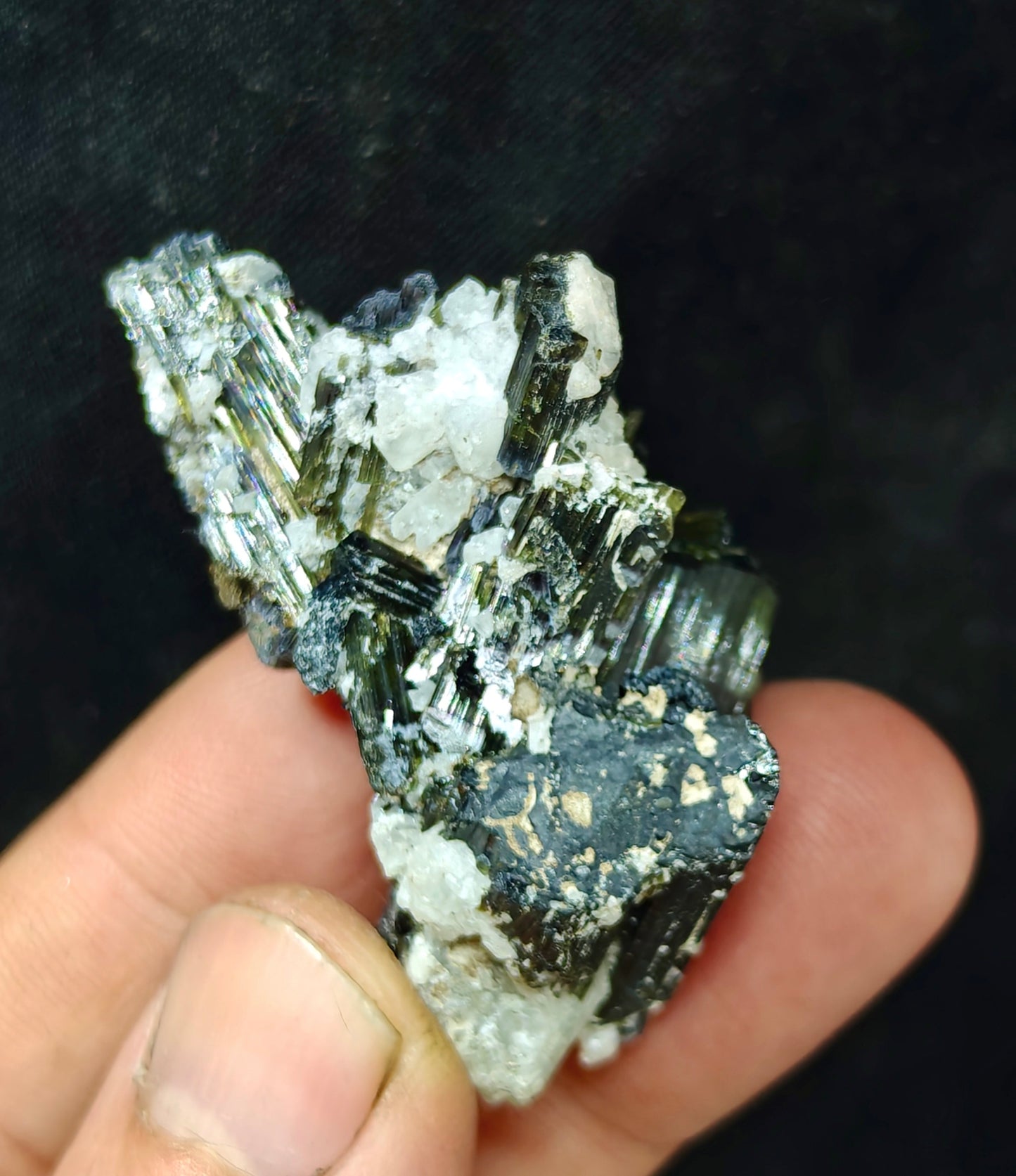 Dark green color Tourmaline crystals cluster with chatoyance effect 34 grams
